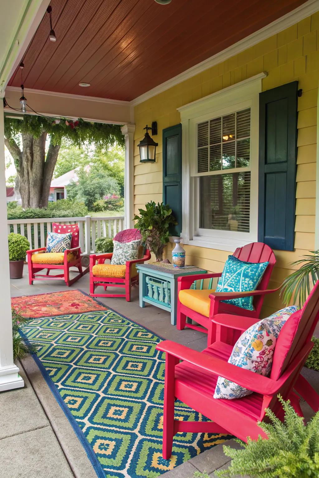 A bold color palette makes the porch pop