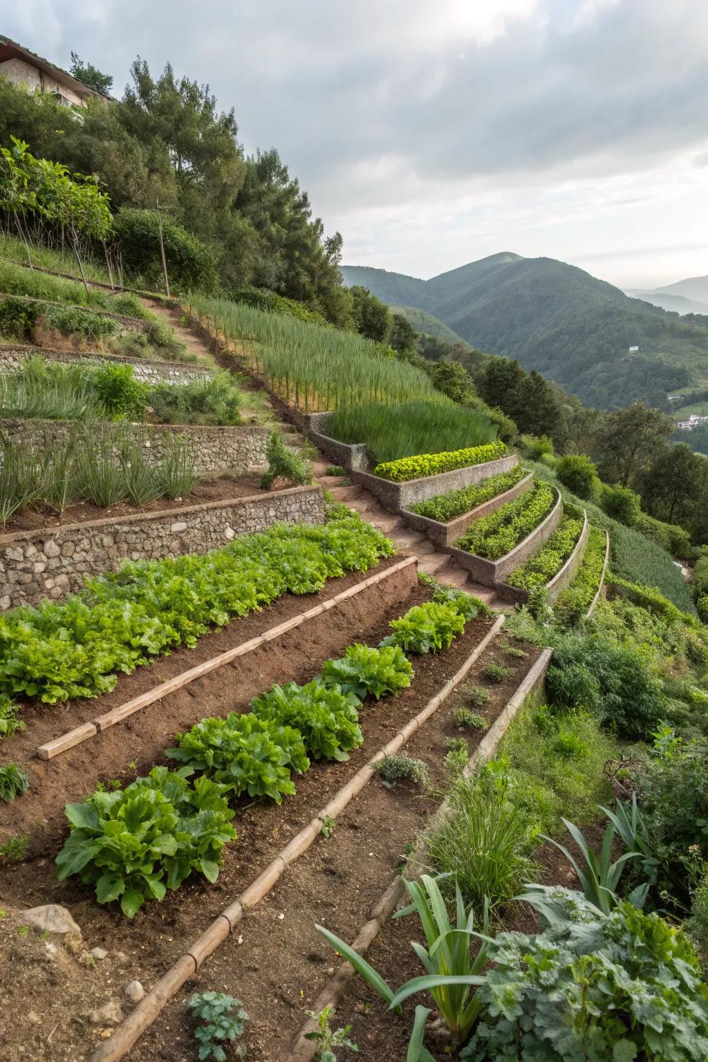 A hillside garden with staggered plantings, providing effective erosion control.