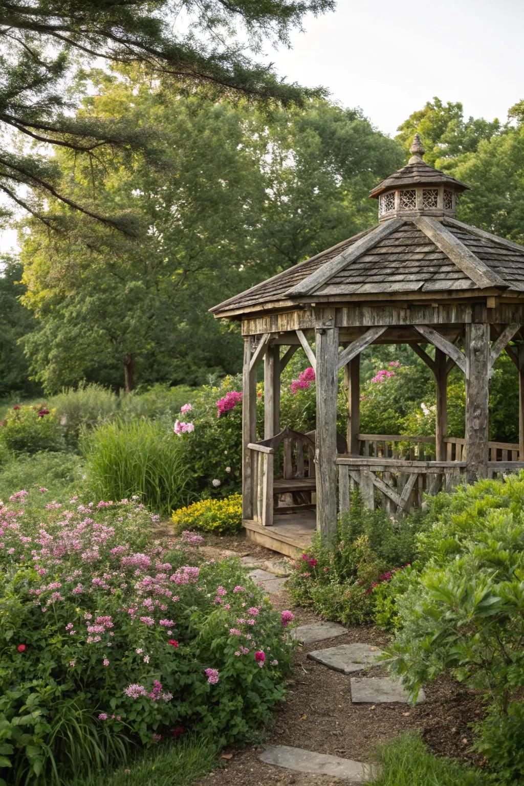 A charming rustic gazebo nestled in a lush garden setting.