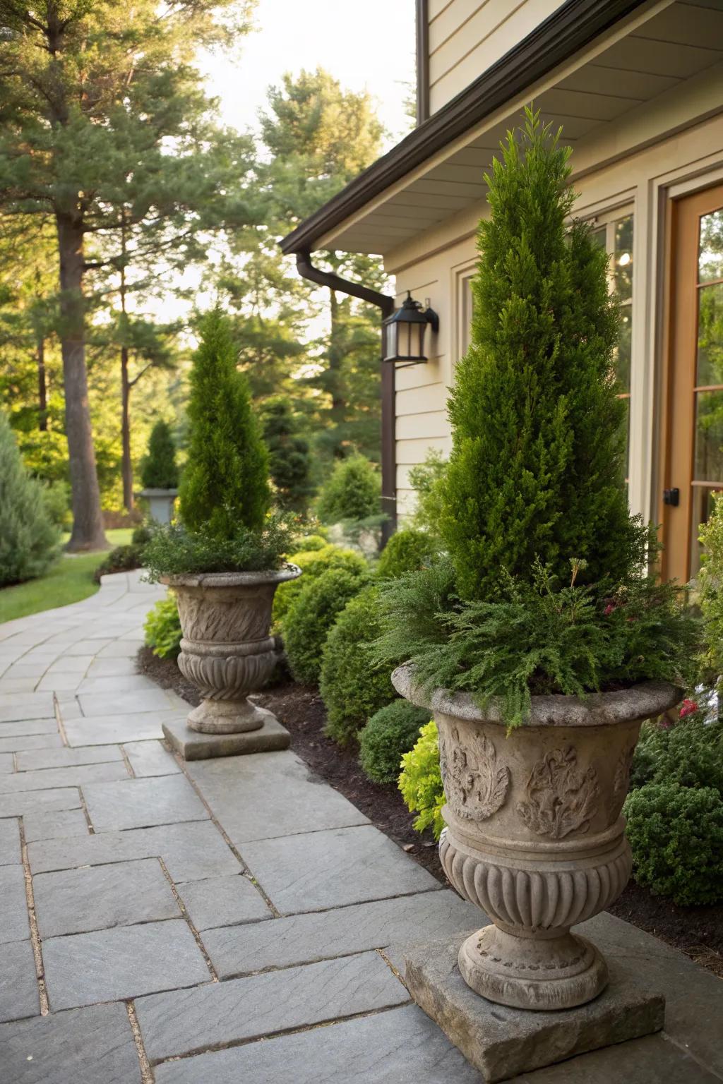 Evergreen plants in decorative containers for flexible placement.