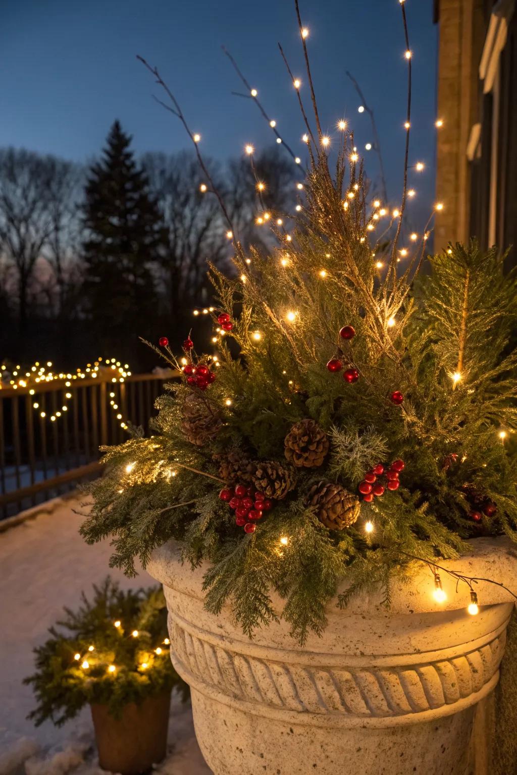Twinkle lights create a magical night-time display.