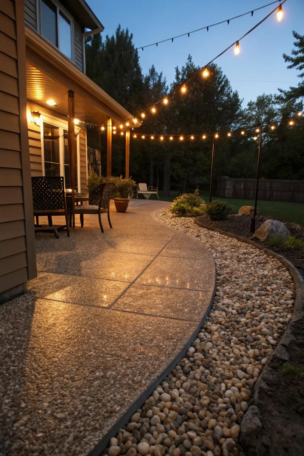 Creative lighting highlights the beauty of aggregate patios.