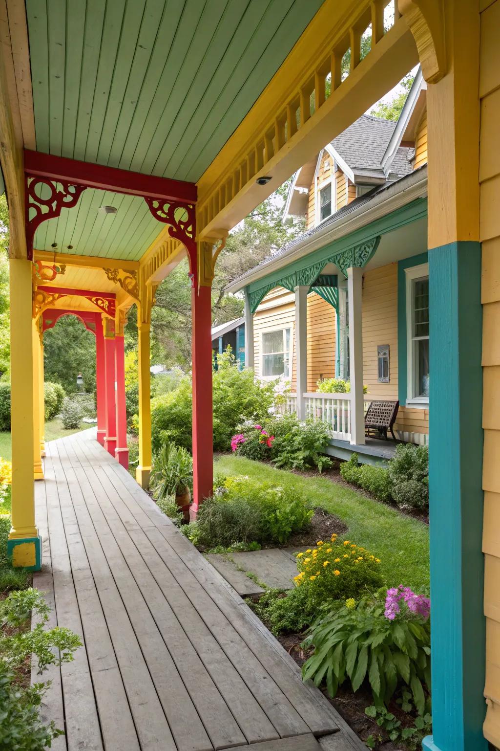 Vibrant expression: Colorful beams on a front porch.