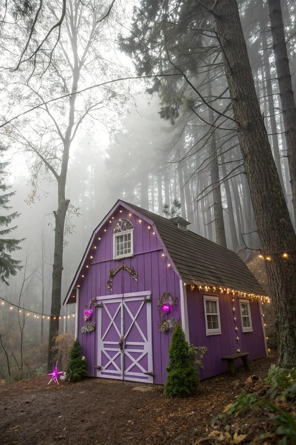 A purple barn that infuses the landscape with magic and mystery.