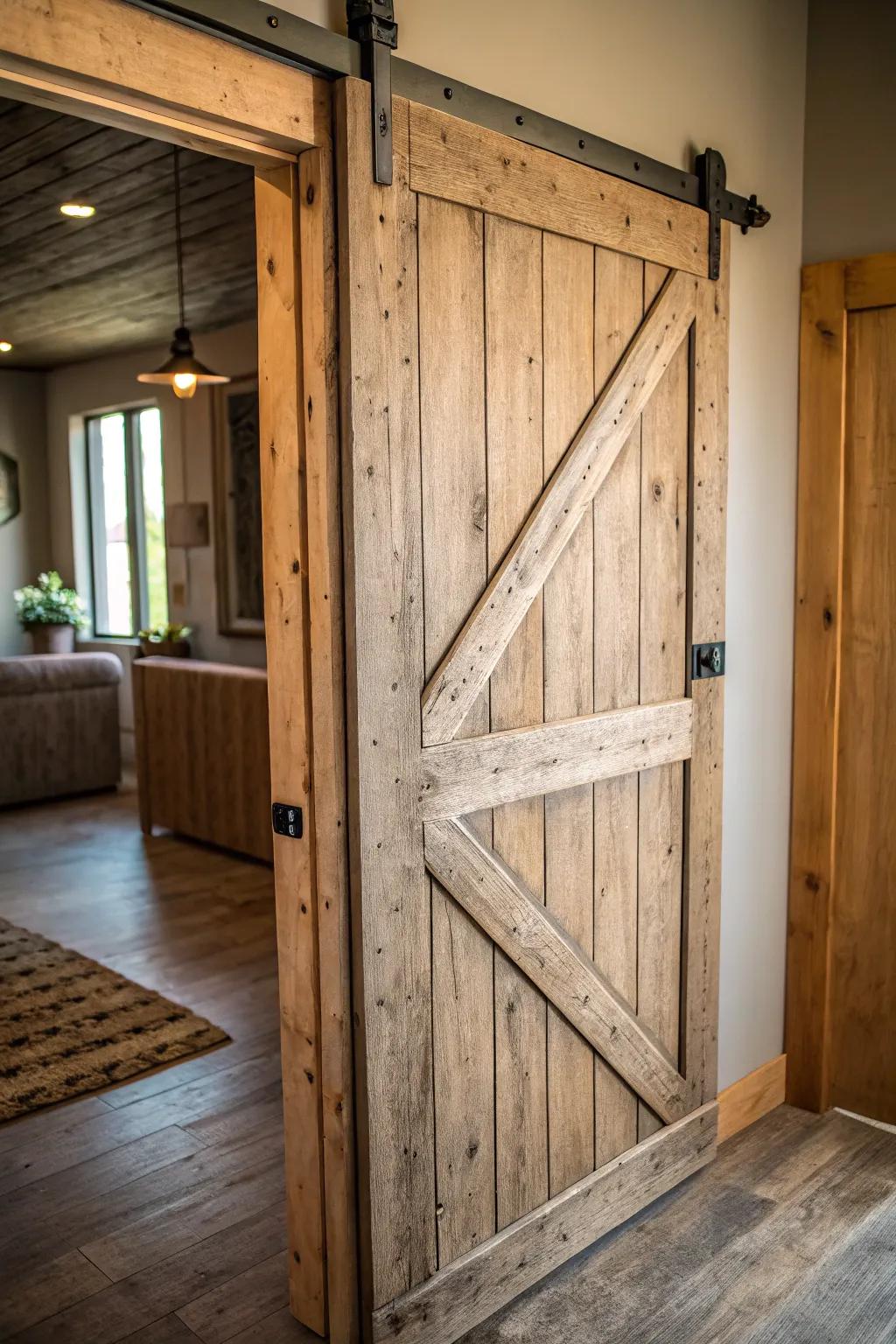 Textured barn door adding depth and character.