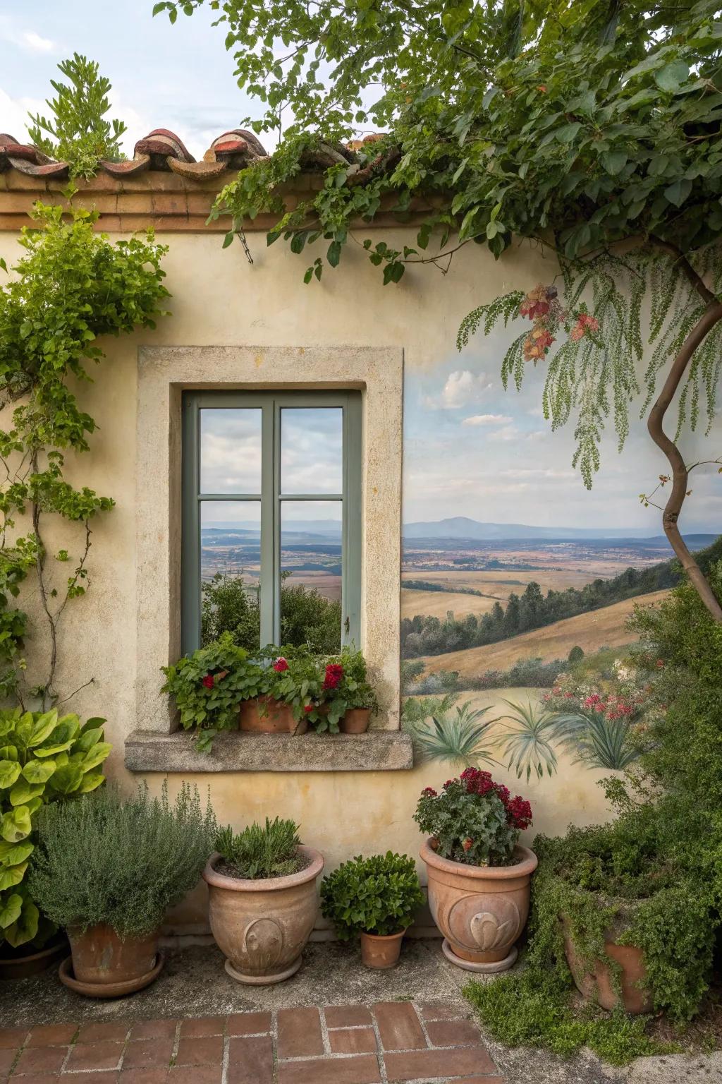 Faux windows add depth and whimsy to garden walls.