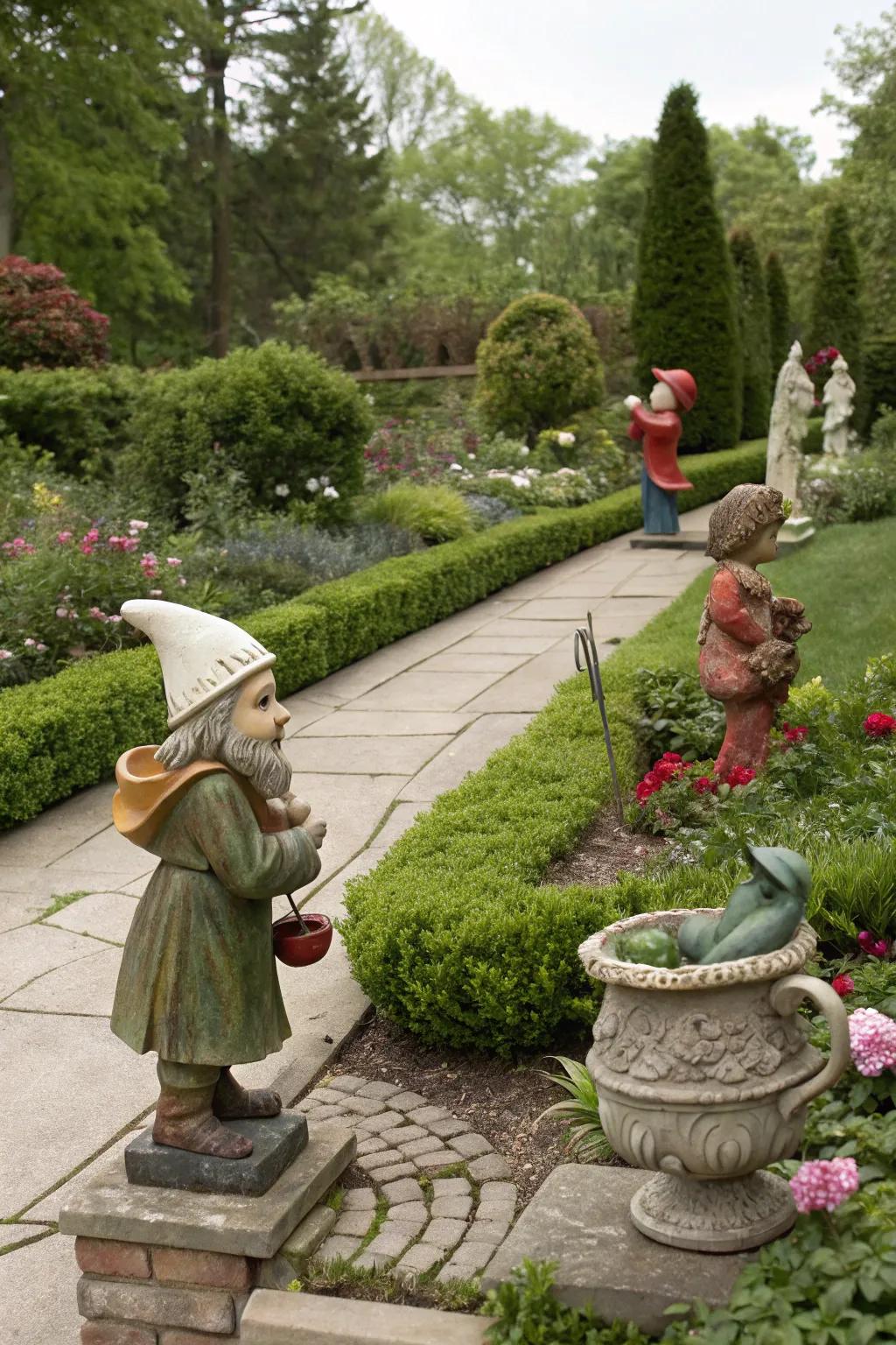 Garden statues and figurines enhancing the magical theme of the garden.