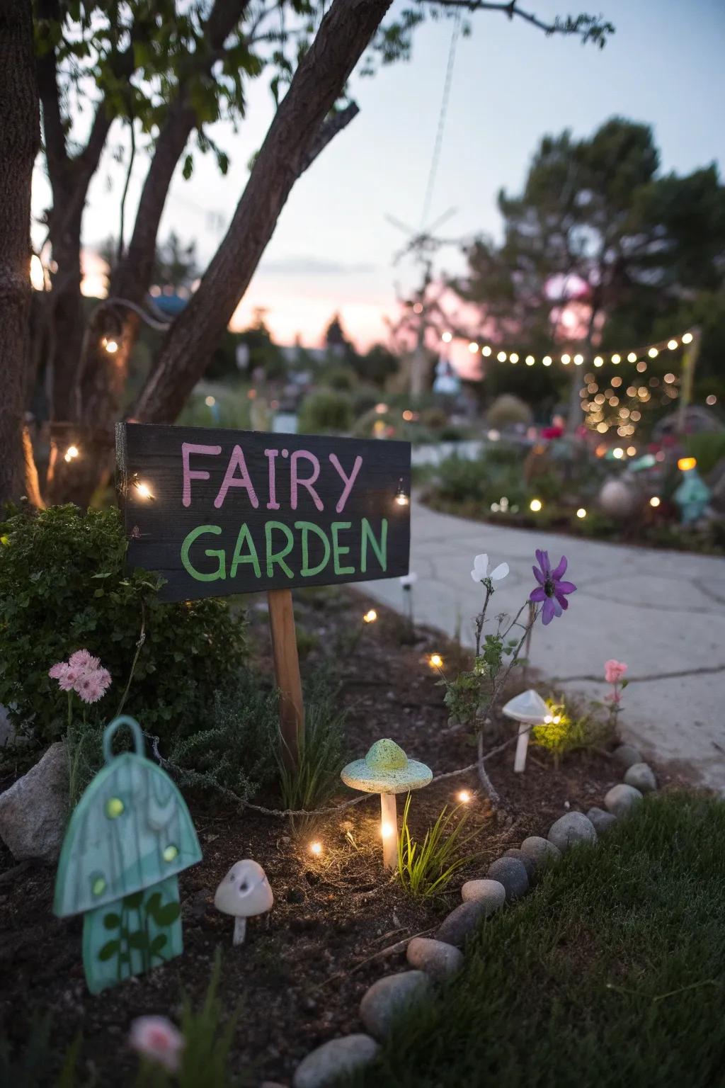 Fairy garden signs glowing in the dark, creating a magical atmosphere at dusk.