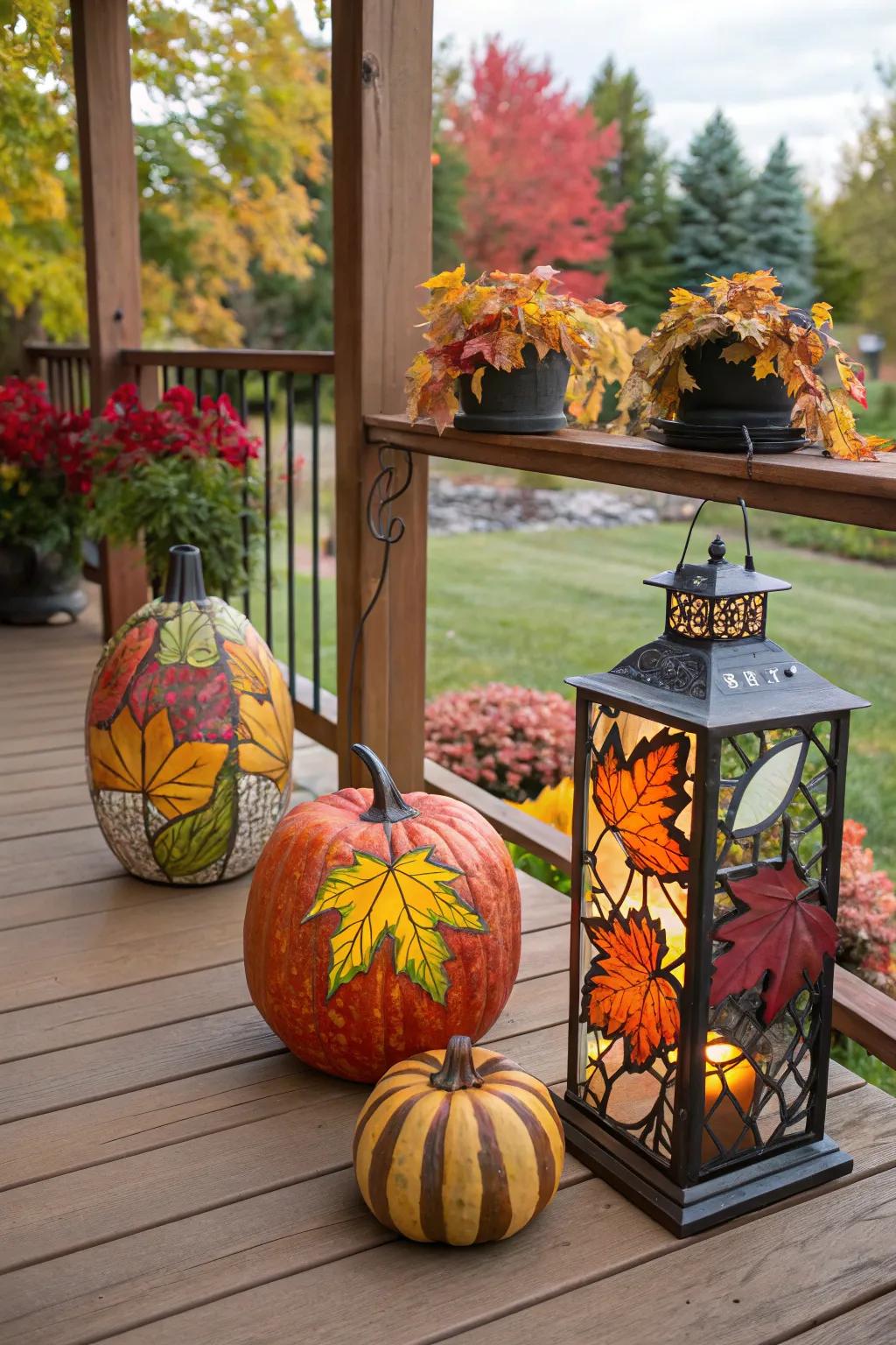 Outdoor art pieces add a charming and personal touch to the fall deck.