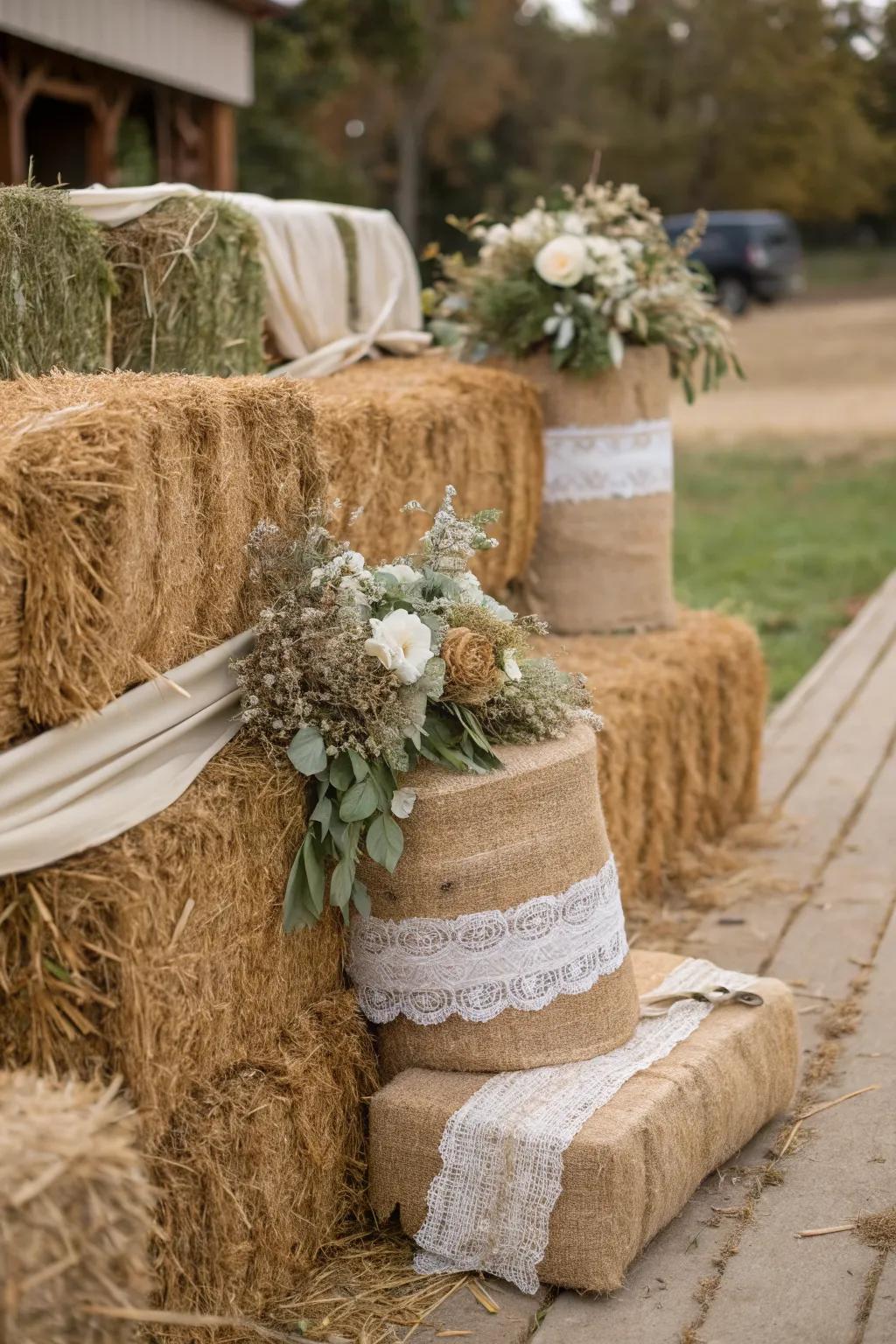 Layered textures add depth and interest to hay bale arrangements.