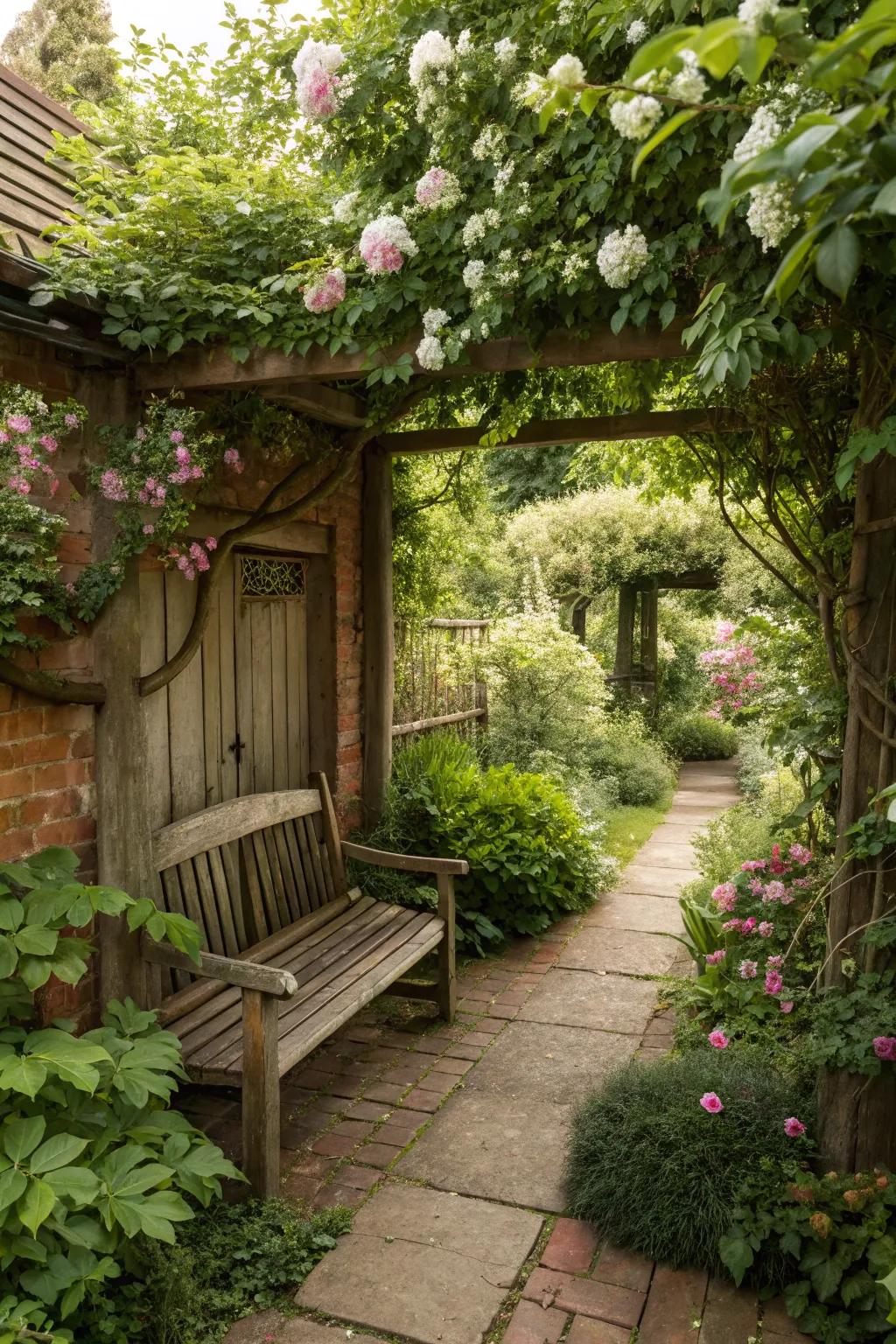 A secret garden nook offers a private retreat with dense planting and rustic seating, perfect for quiet moments.