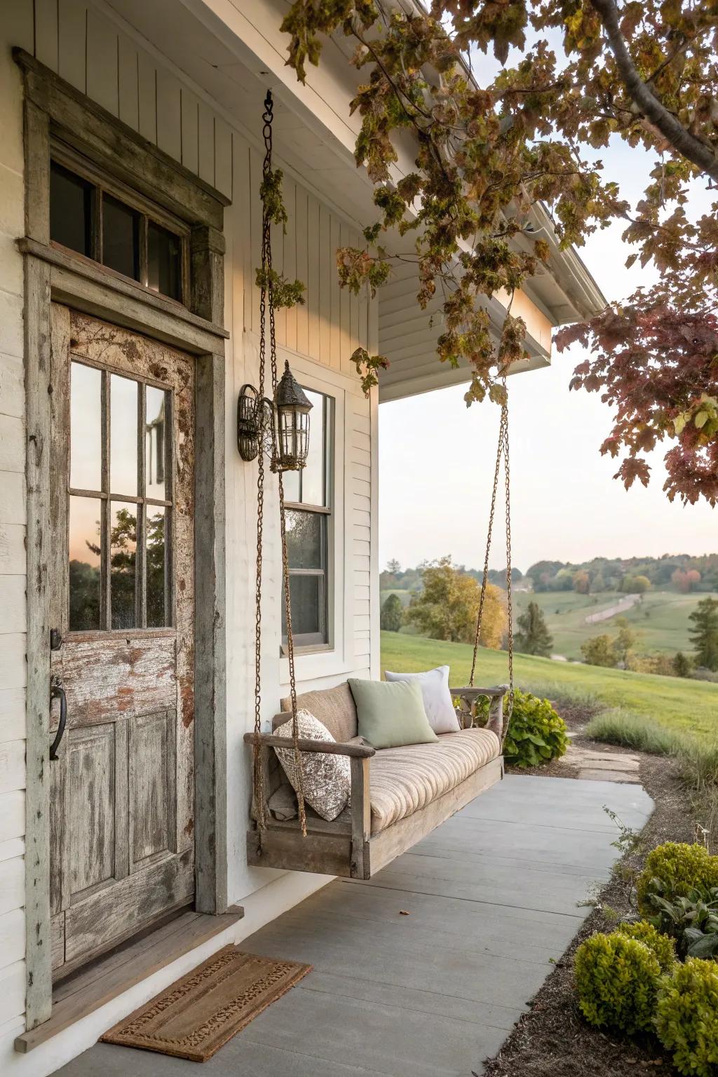 A porch swing adds comfort and charm to your entry.