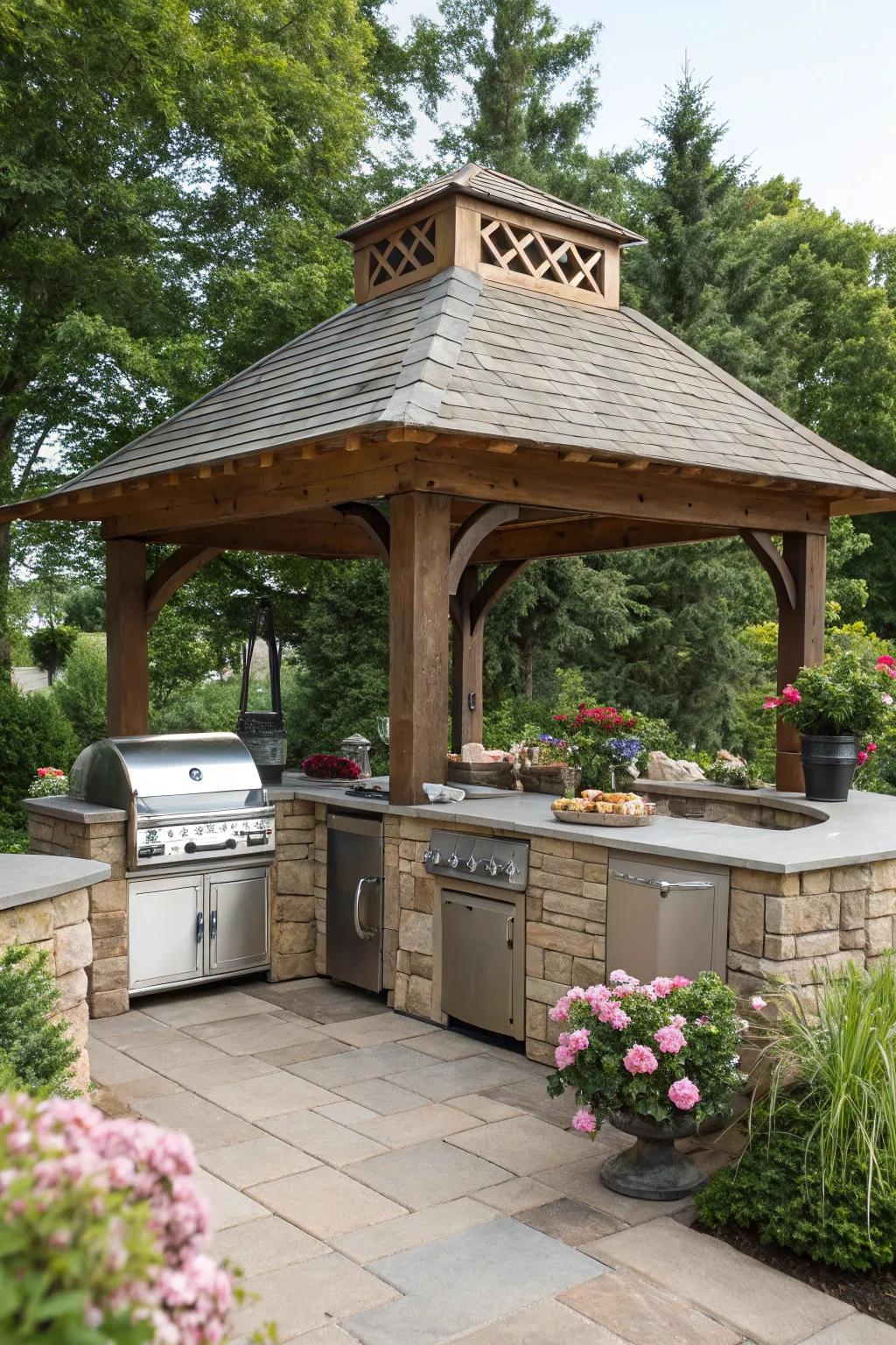 An outdoor kitchen turns this gazebo into a culinary and social hub.