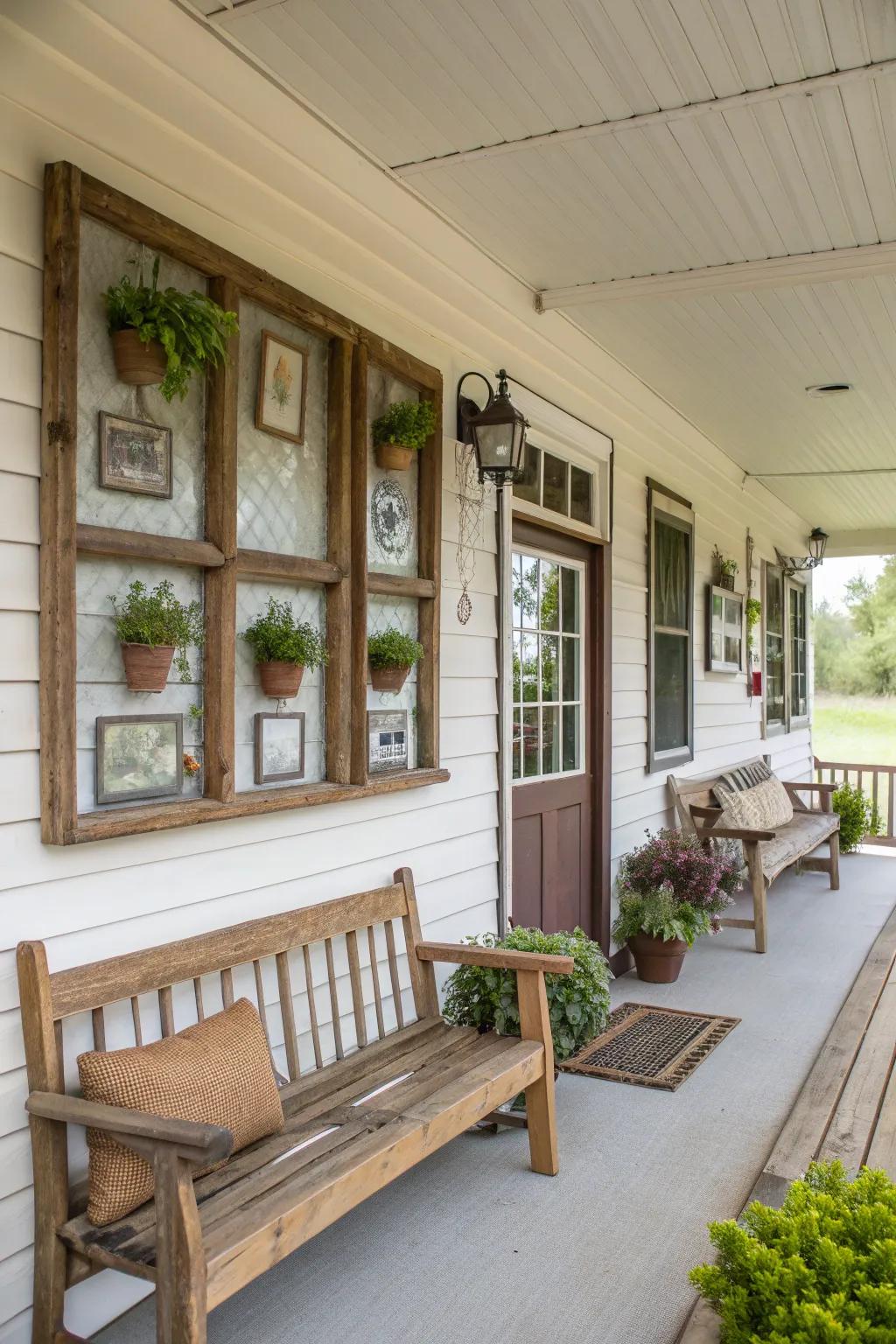 Repurposed window frames bring architectural interest to the porch.
