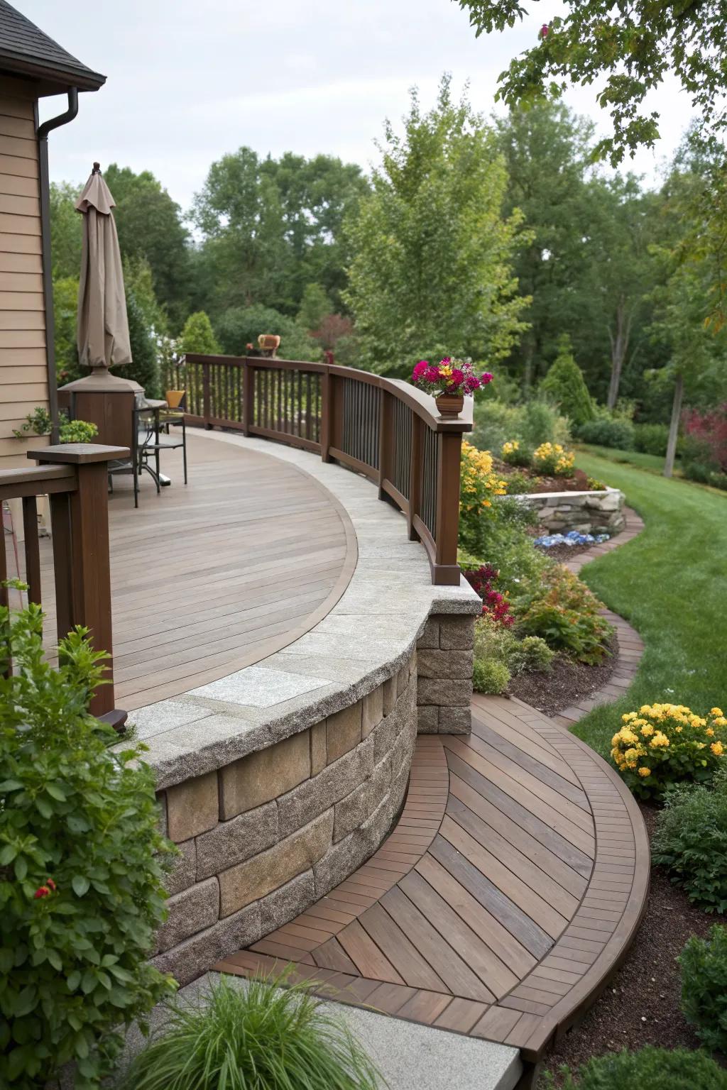 Round stones and curves on skirting make for an elegant, inviting deck.