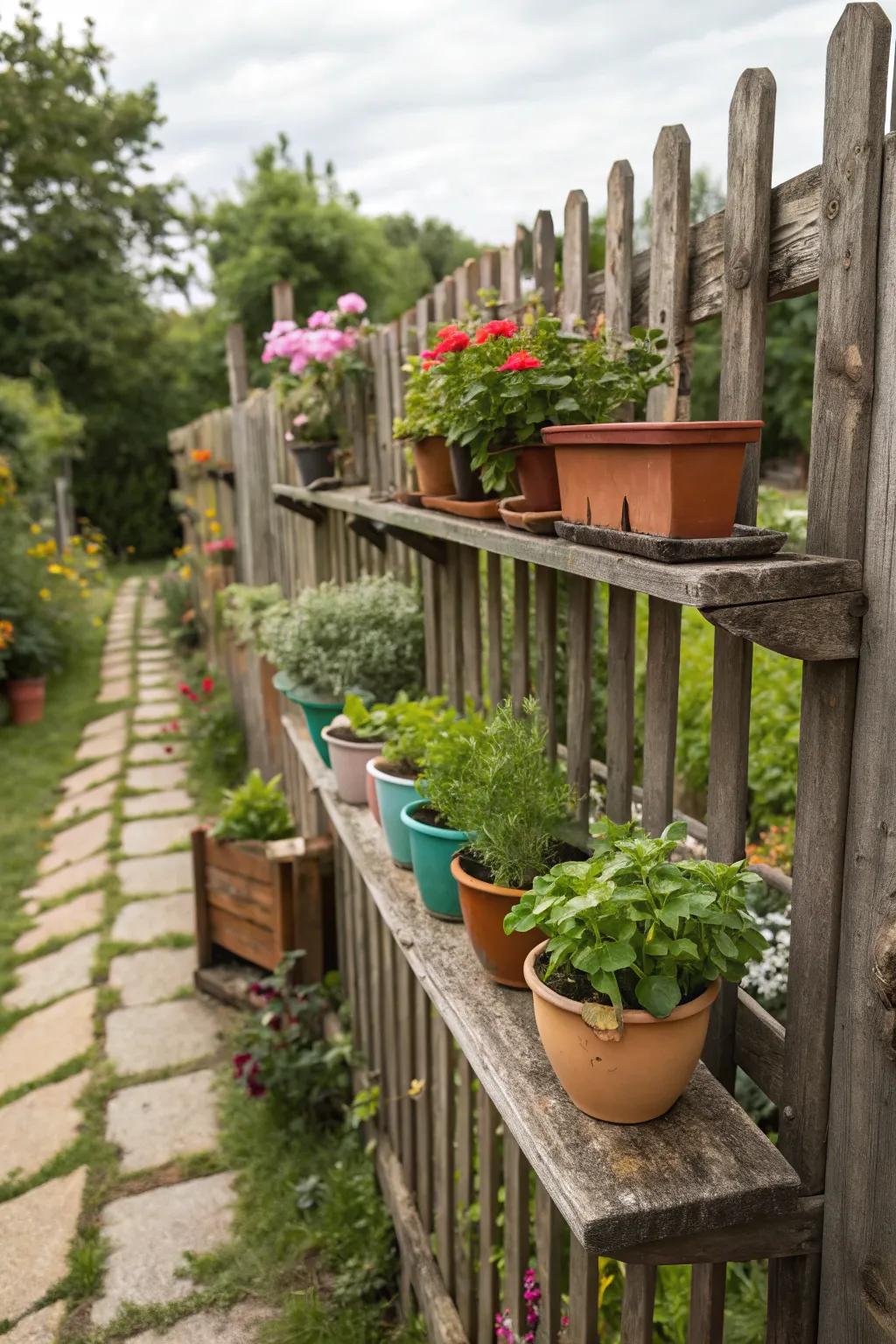 Rustic shelves providing a charming display space on a garden fence.