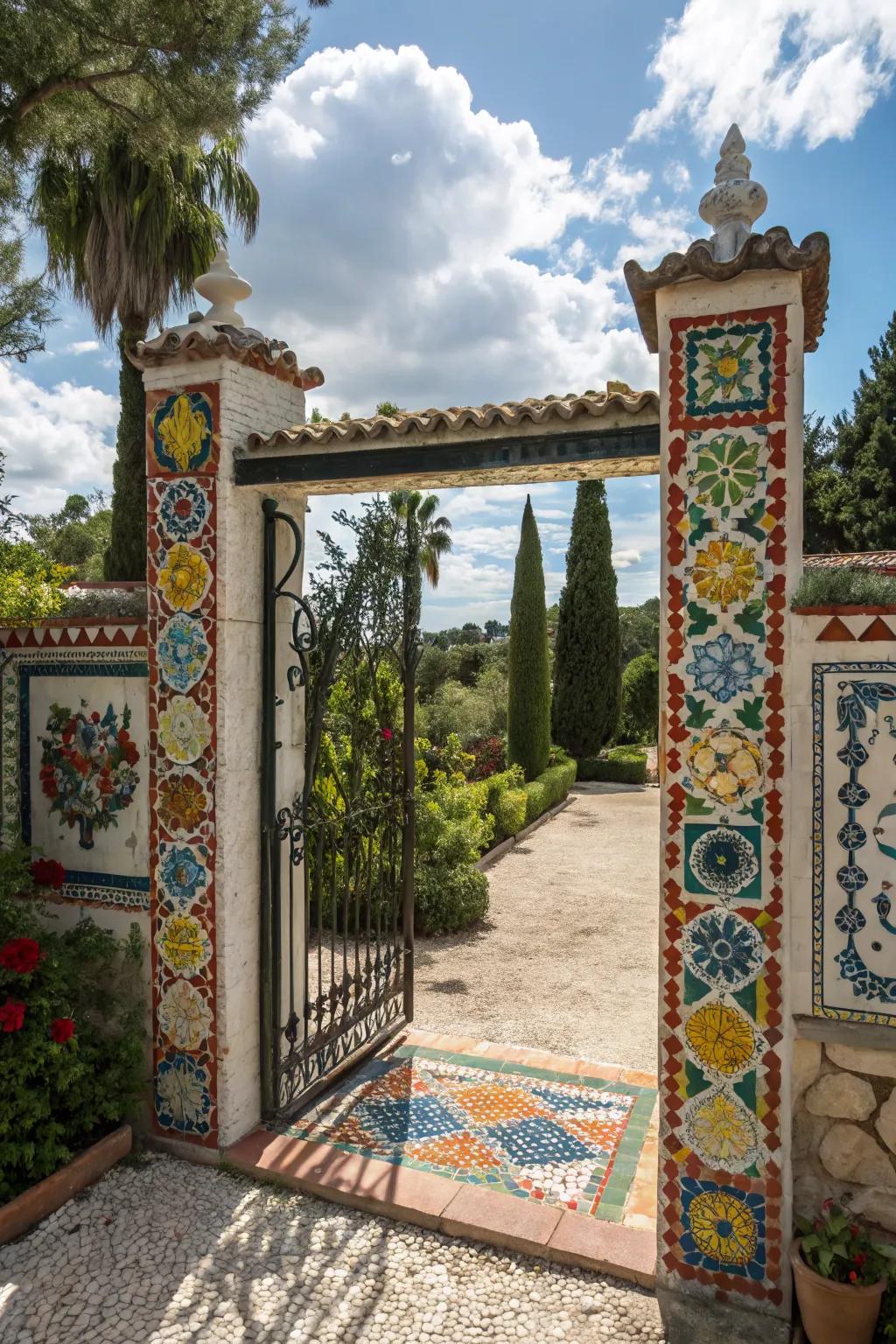A Mediterranean mosaic gate adds color and warmth.