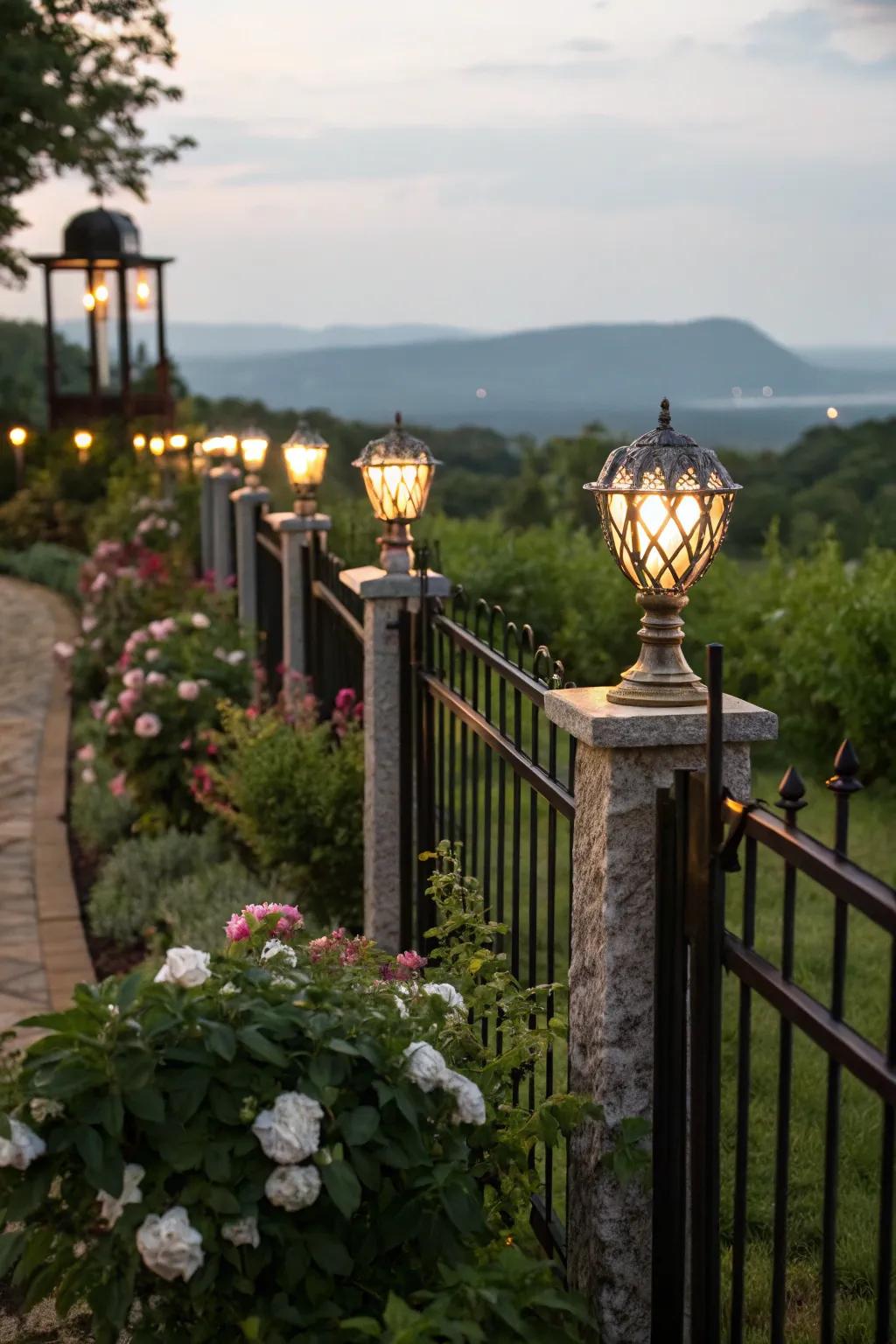Artful light fixtures adding evening ambiance to fence posts.
