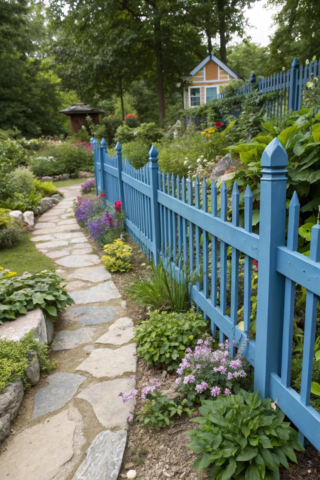 A Mediterranean blue stained fence adds an artsy touch to a standout garden.
