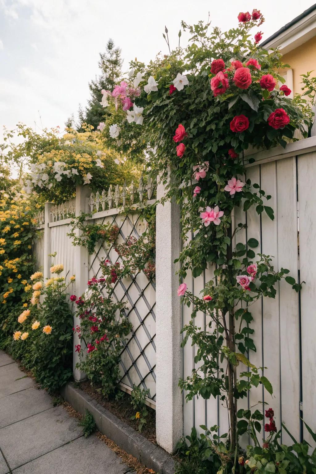 Trellis with seasonal blooms ensures year-round garden beauty.