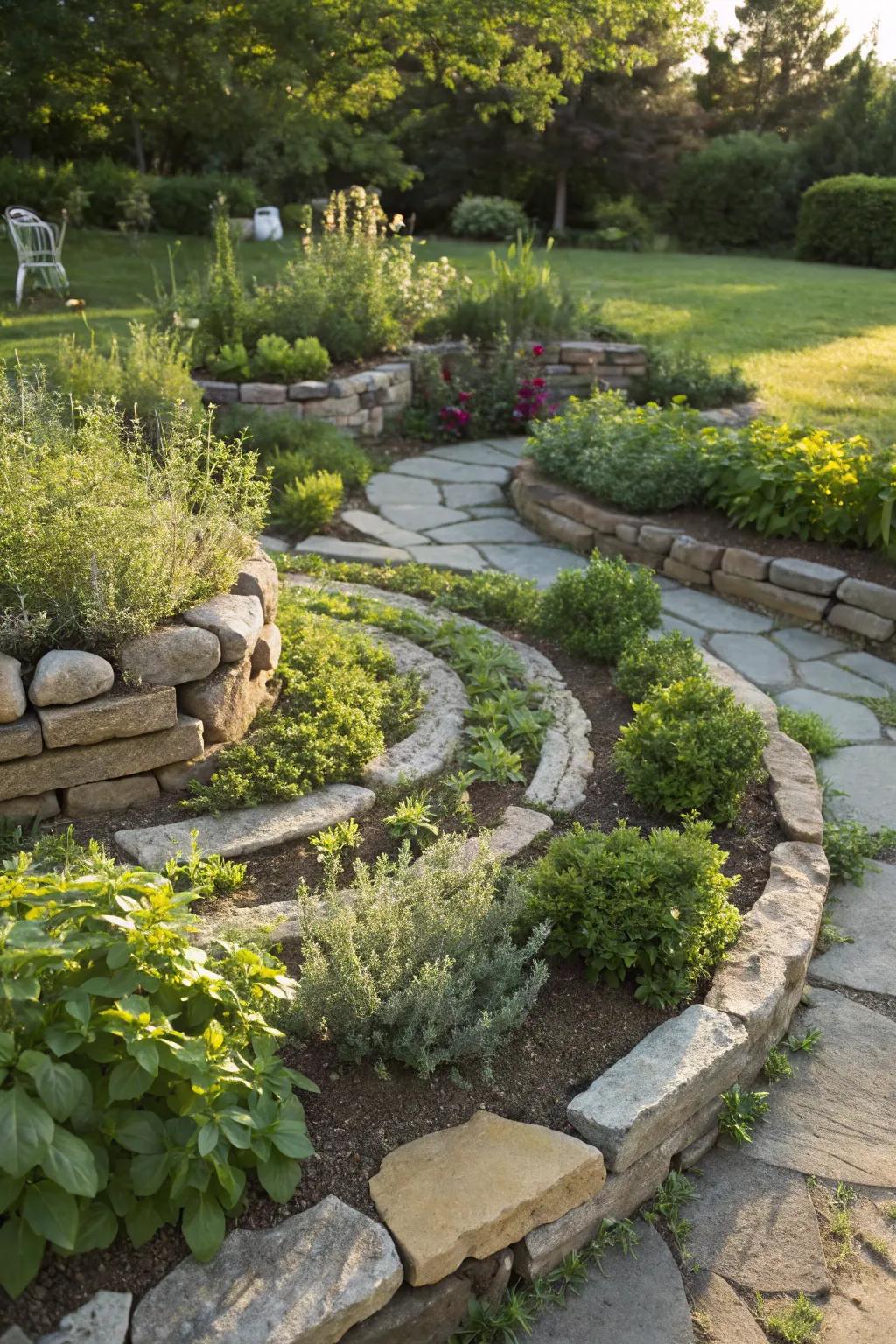 Fieldstone herb spirals combine practicality with visual appeal.