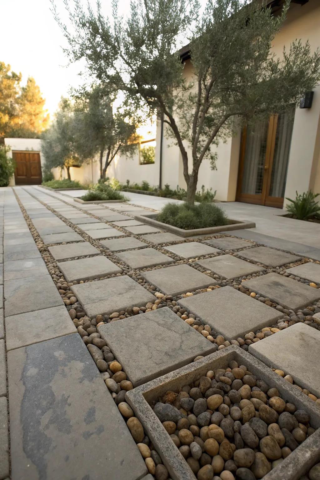 Olive stone adds Mediterranean charm and warmth between pavers.