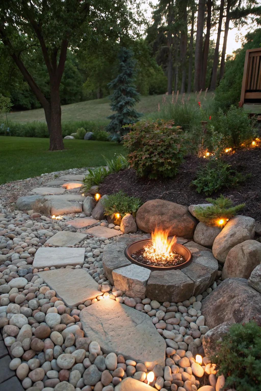 Pebbles and stones create a beautiful, textured fire pit base.