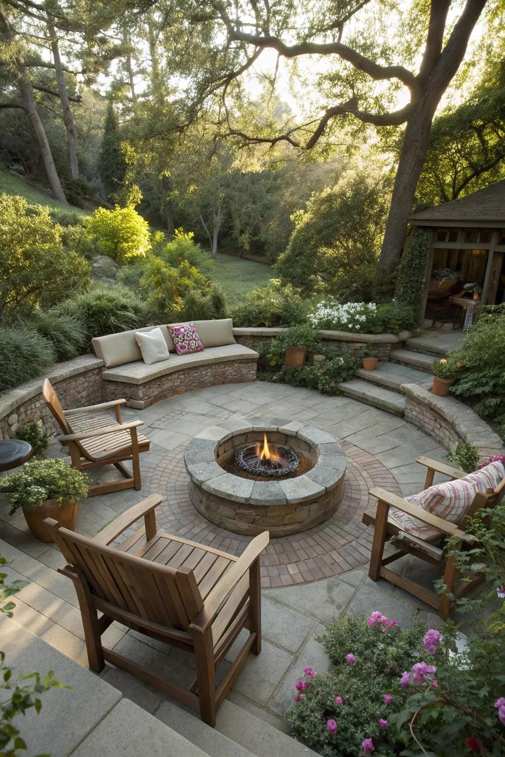 A sunken fire pit adds drama and depth to this inviting patio.