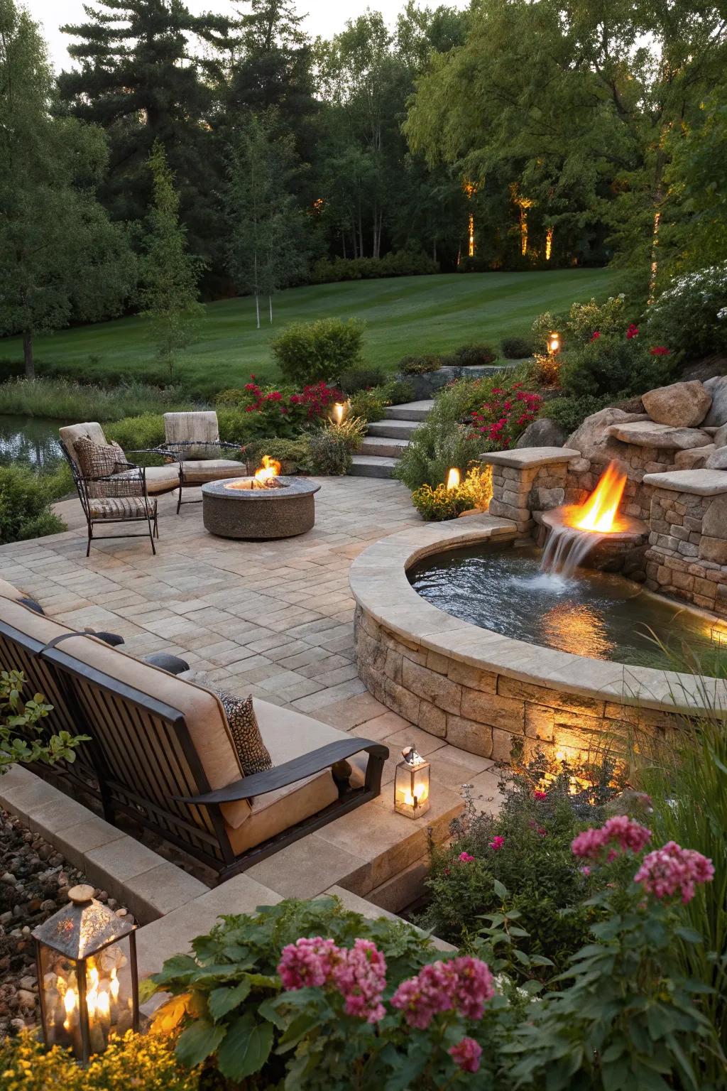 A unique combination of fire and water features creates a stunning outdoor ambiance.
