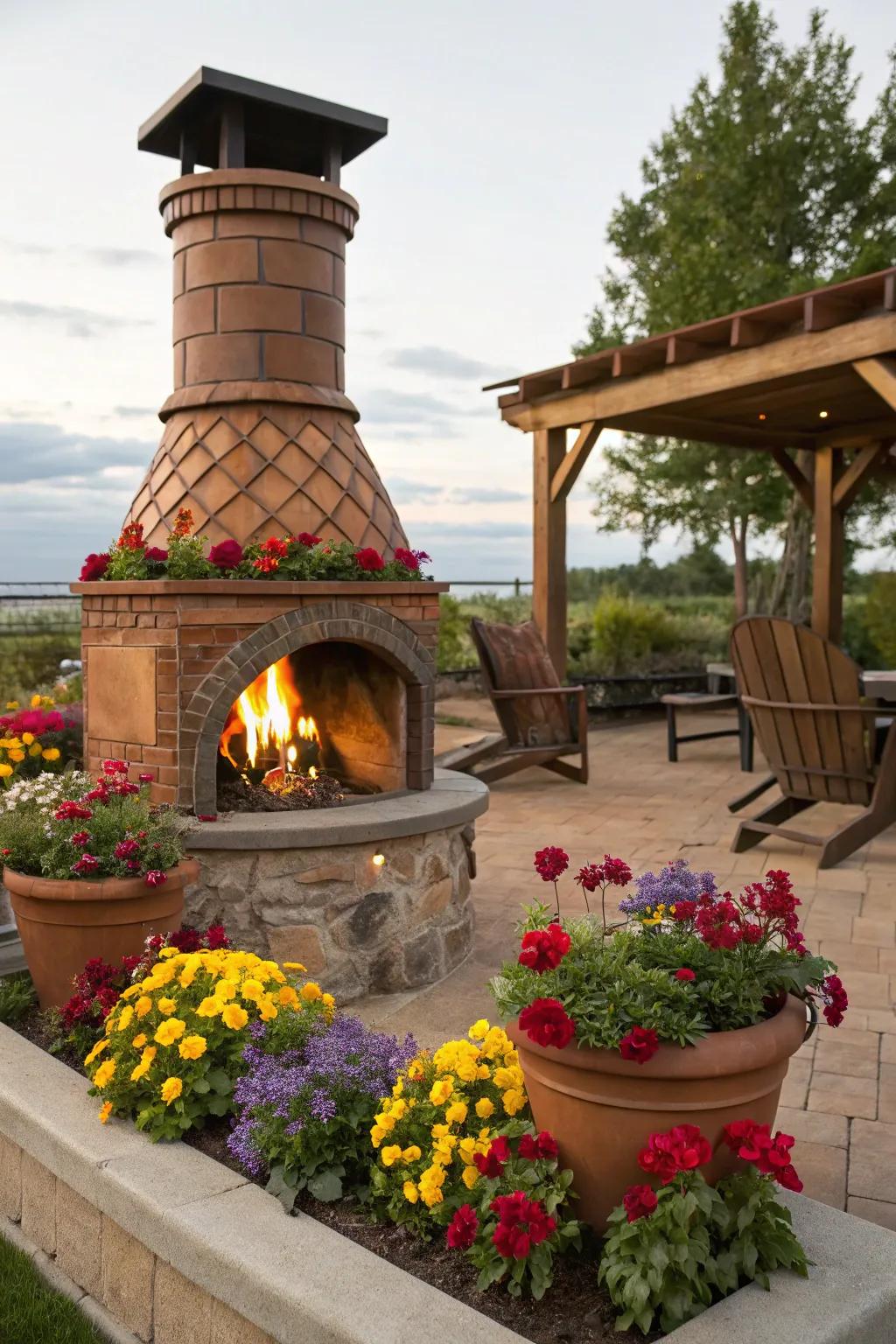 Built-in planters on a chimney fire pit create a seamless blend of nature and design.