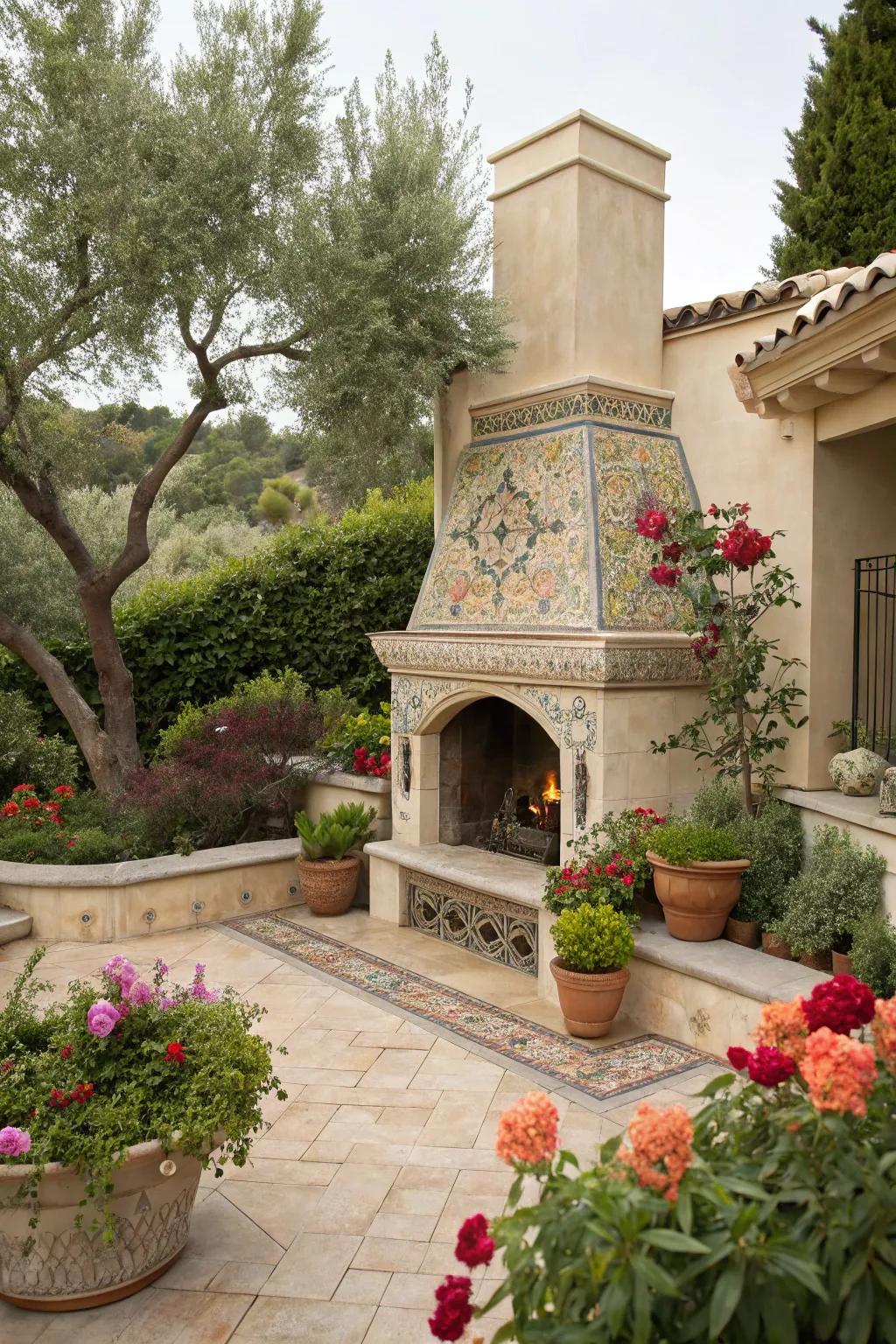A Mediterranean-inspired fireplace combining tile and stucco.