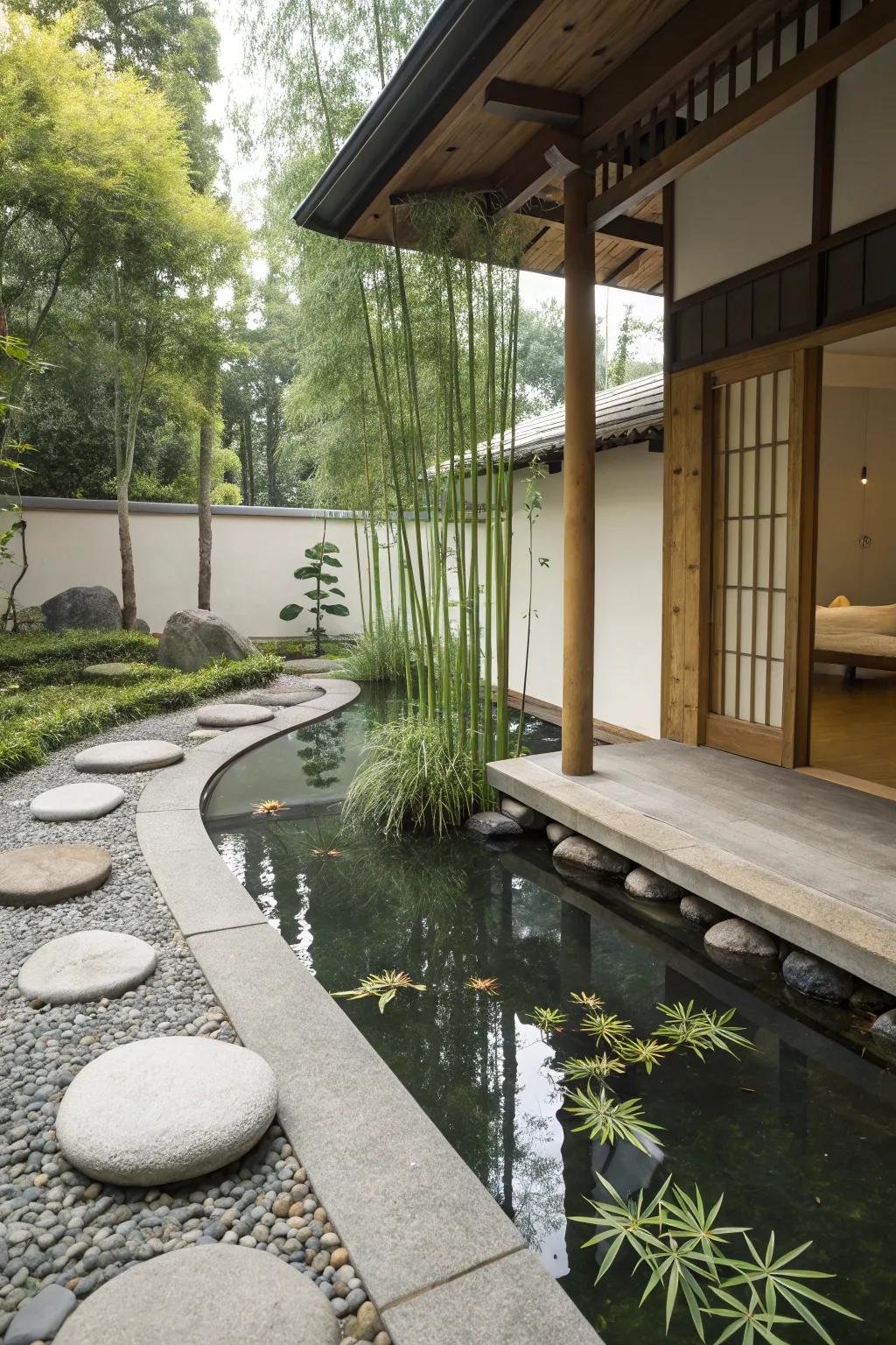 A Zen-inspired pond offers a calming retreat