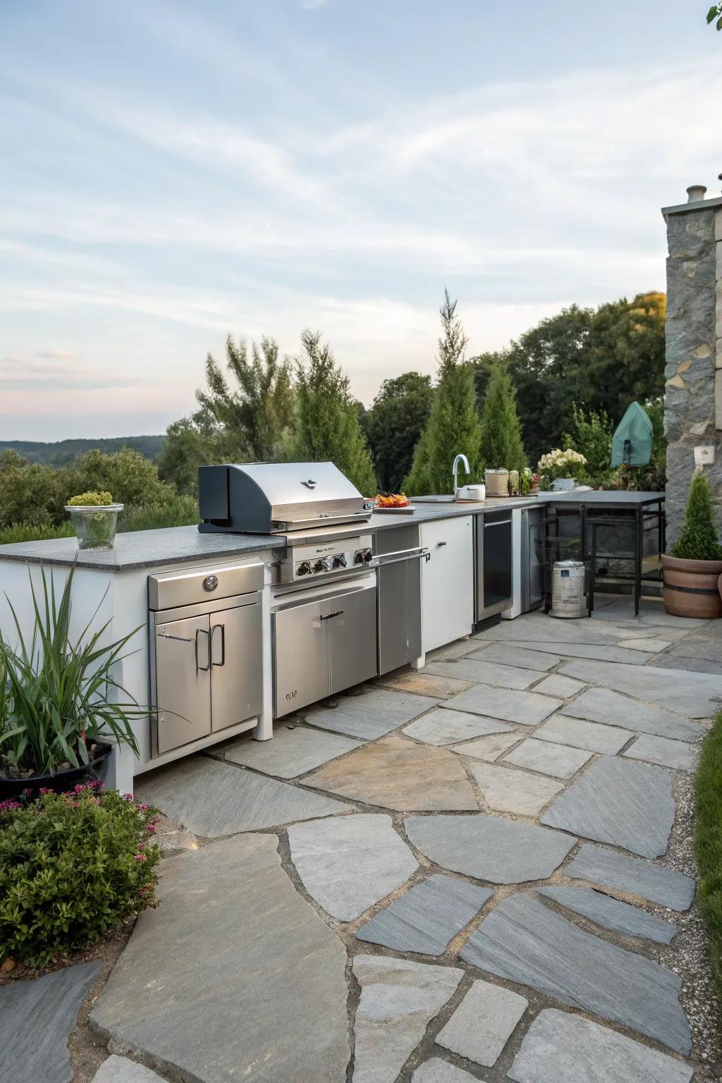 Cook in style with an outdoor kitchen on flagstone.