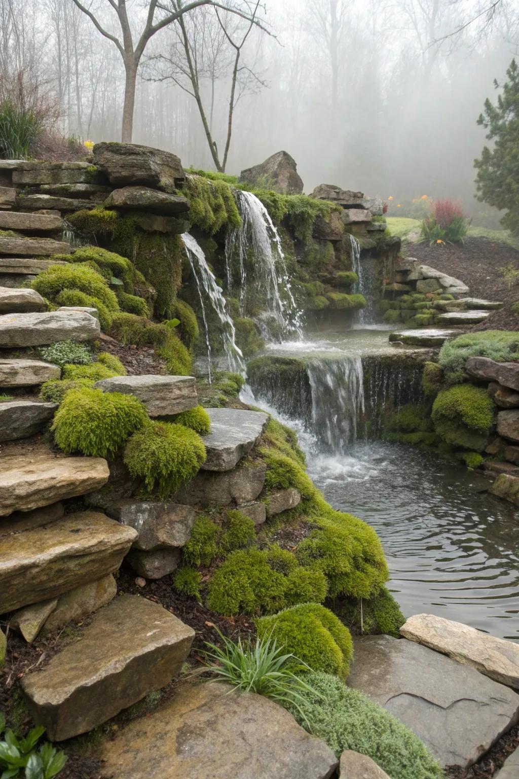 A flagstone waterfall enriched with natural moss accents.