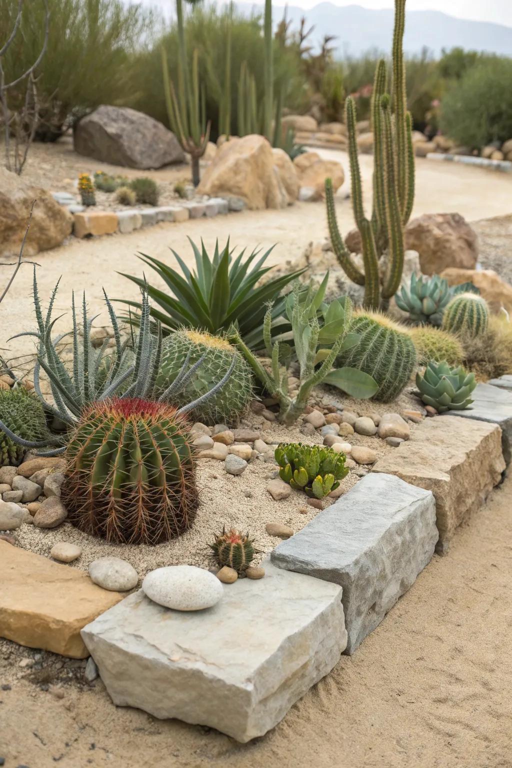 A cacti garden with a flat rock base offering a desert aesthetic.