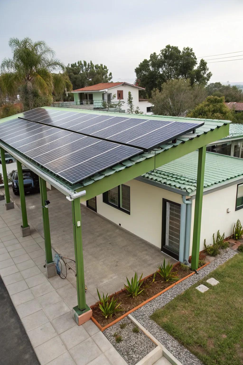 Solar panels integrate sustainability into the design of this flat roof portico.