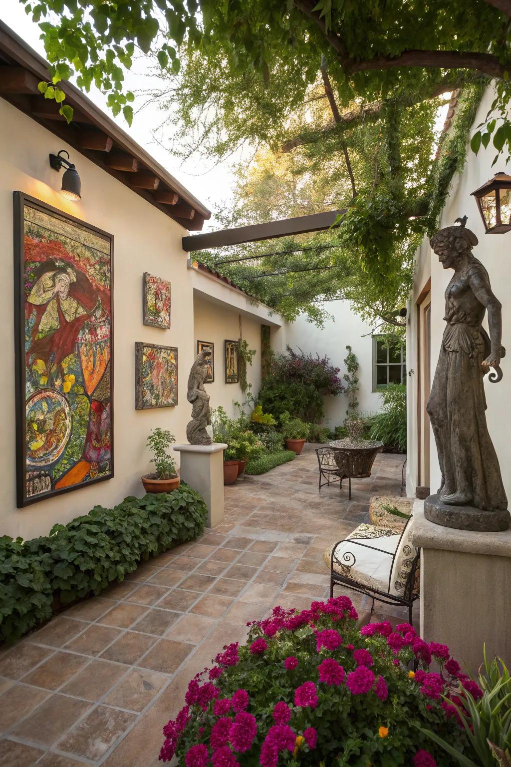 A personalized patio featuring unique outdoor art pieces.
