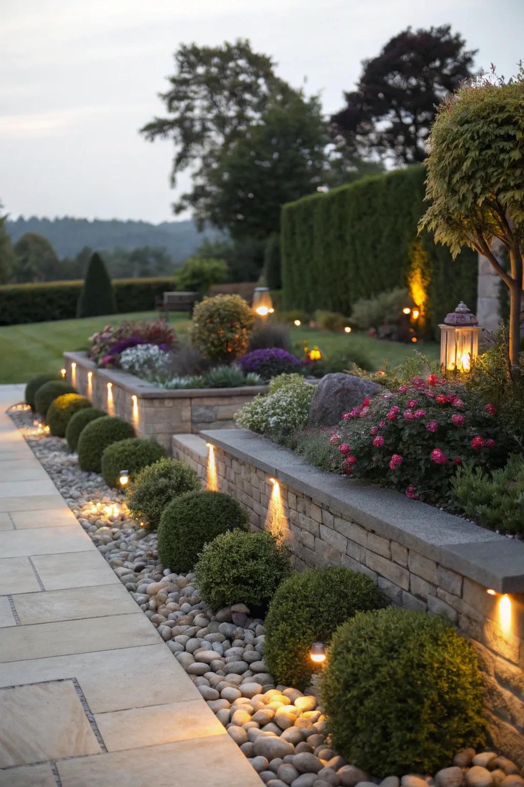 Illuminated stone edges that light up the night garden.