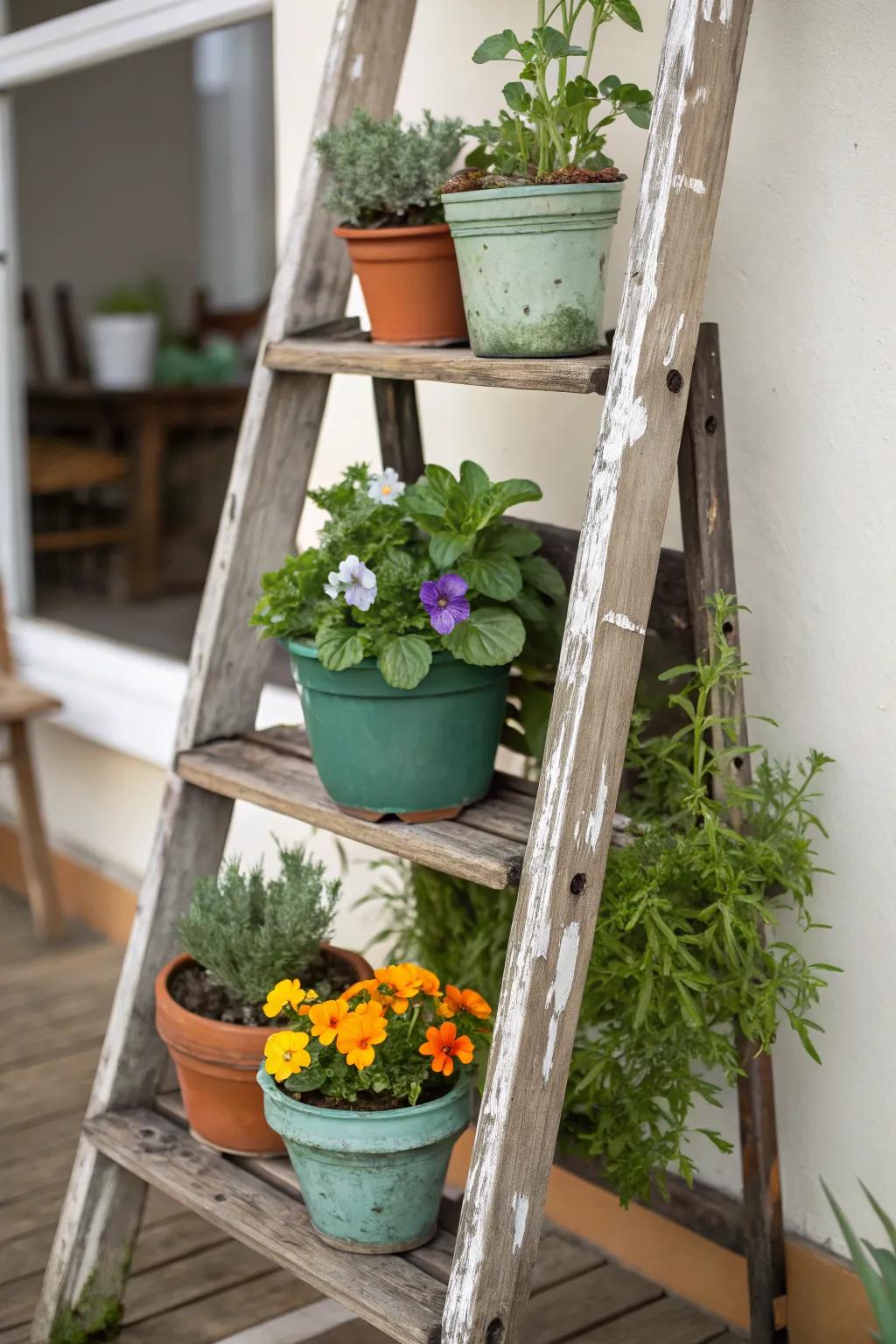 A ladder display adds height and interest to garden spaces.