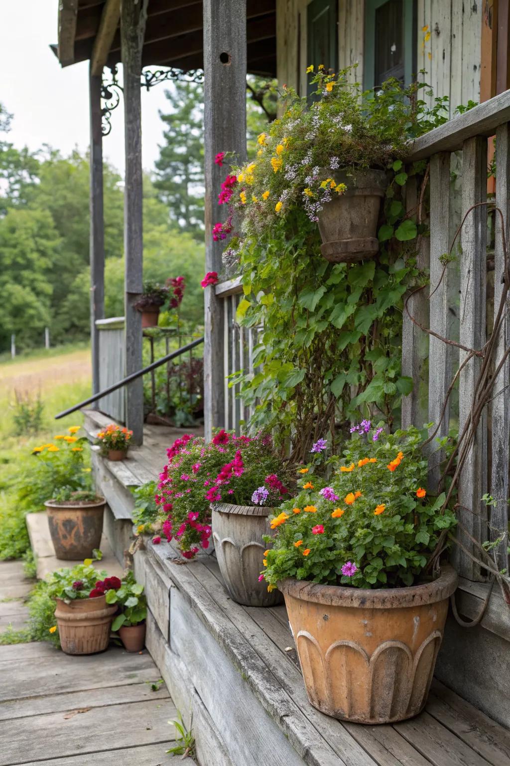 Capture the essence of a cottage garden with wildflowers and vines.