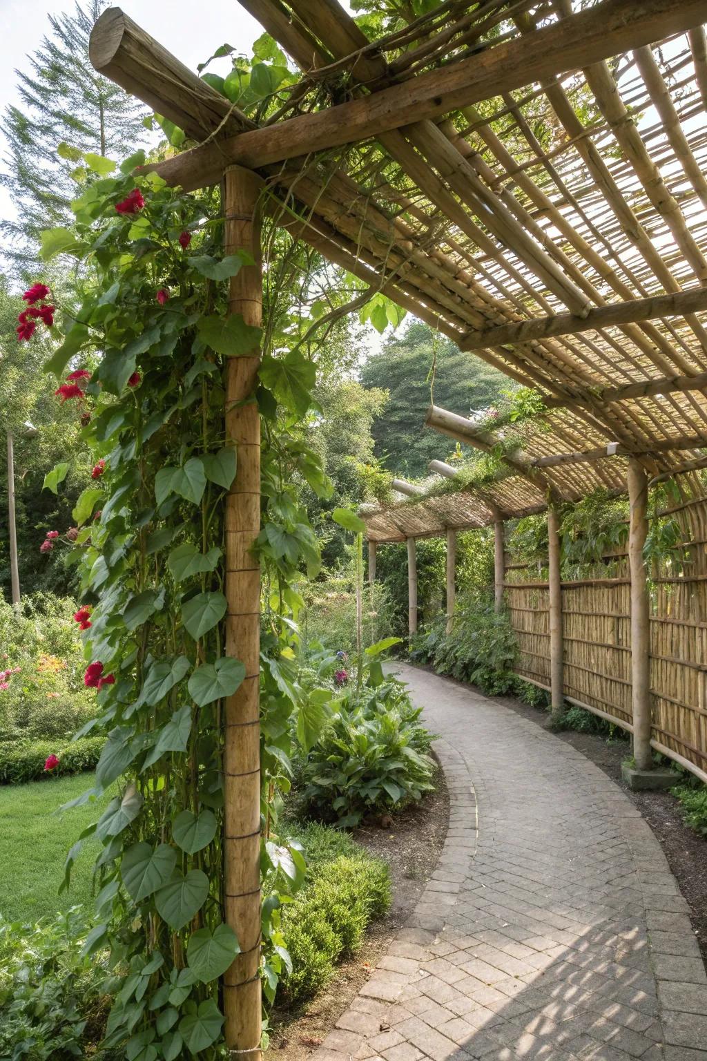 Woven bamboo trellises are eco-friendly and sturdy.