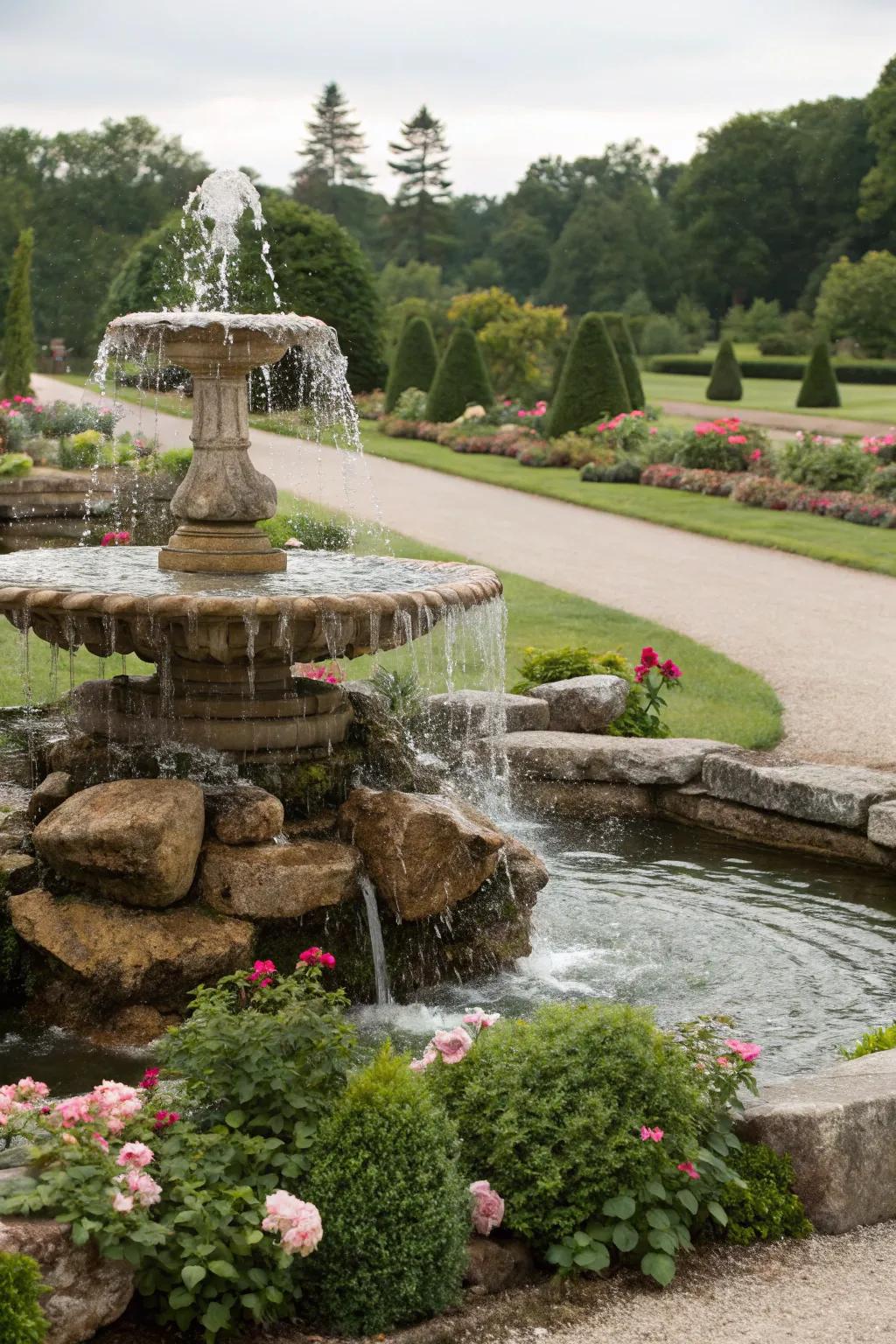 A cascading fountain creating a calming soundscape in the garden.