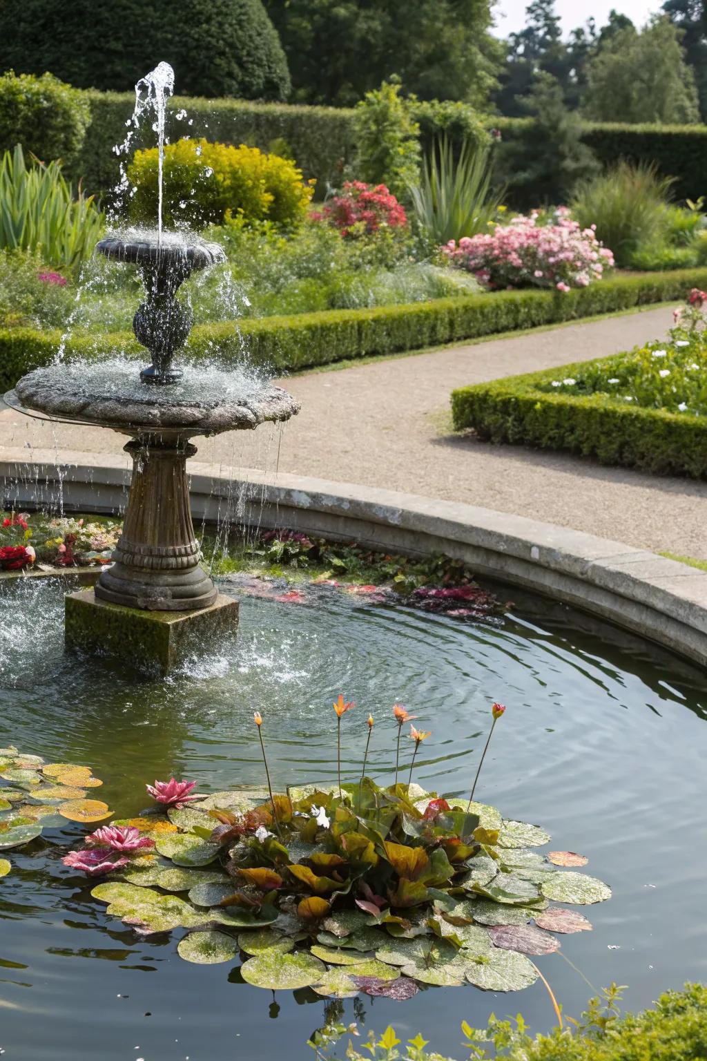 Miniature water garden with aquatic plants around a fountain.