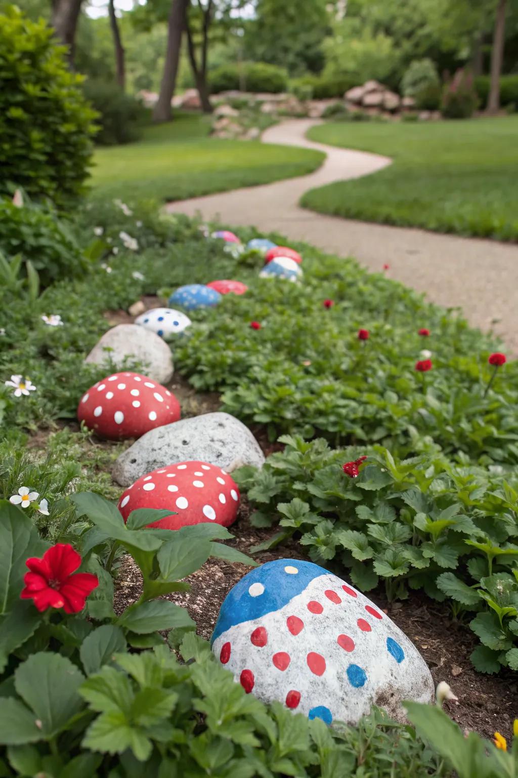 Add charm with DIY patriotic painted rocks.
