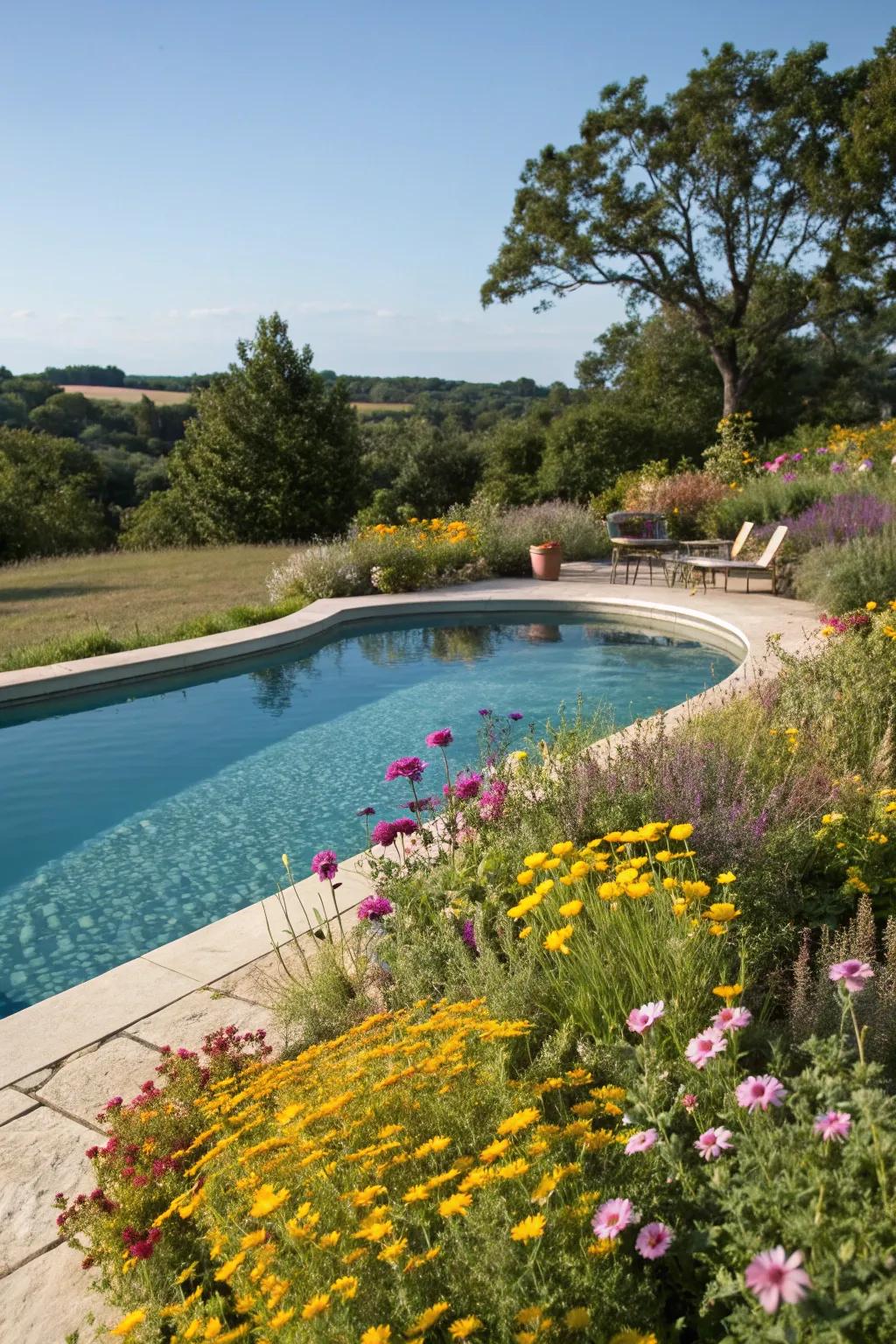 Wildflower borders bring color and nature to the pool.