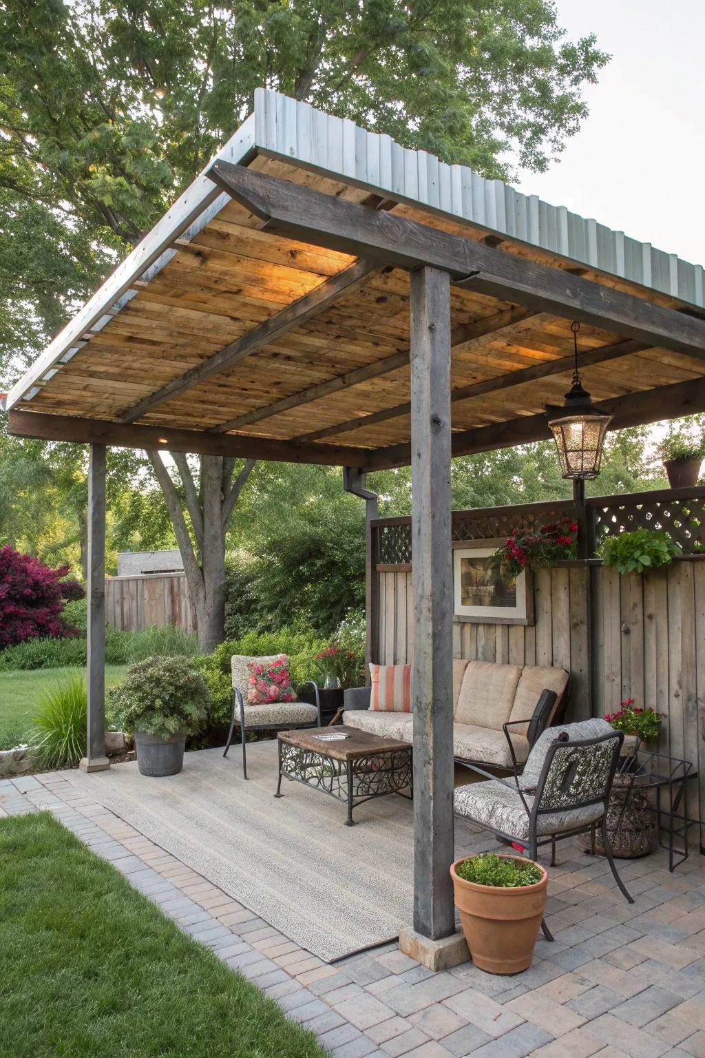 An upcycled patio cover made from reclaimed materials.
