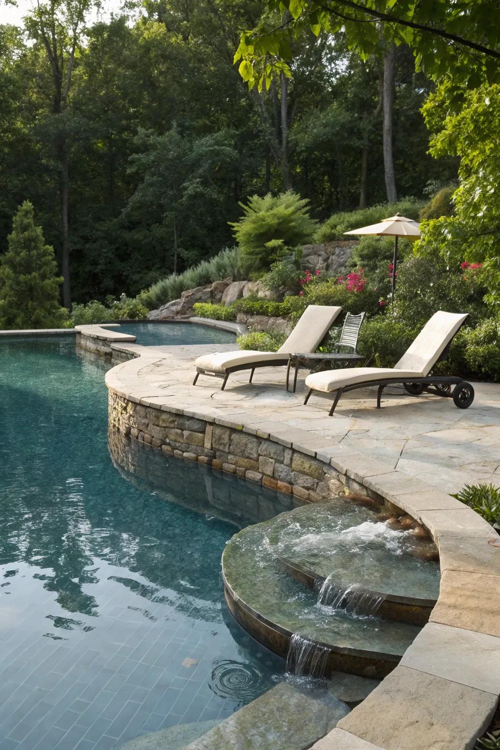 A Baja shelf offers a perfect spot for sunbathing and relaxation in this pool.