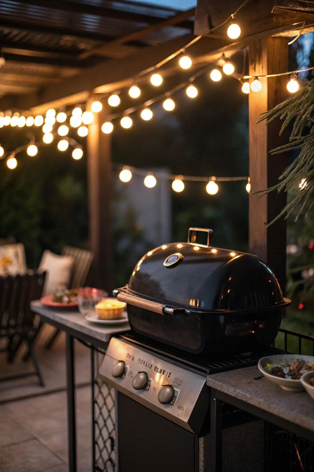 Lighting accents create a magical and inviting grilling space.
