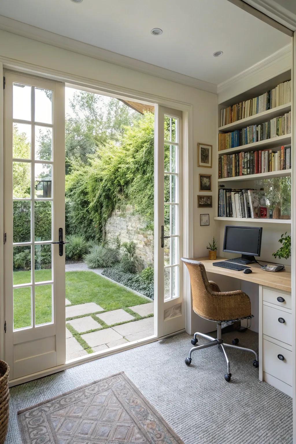 A home office with French doors blends productivity with nature.