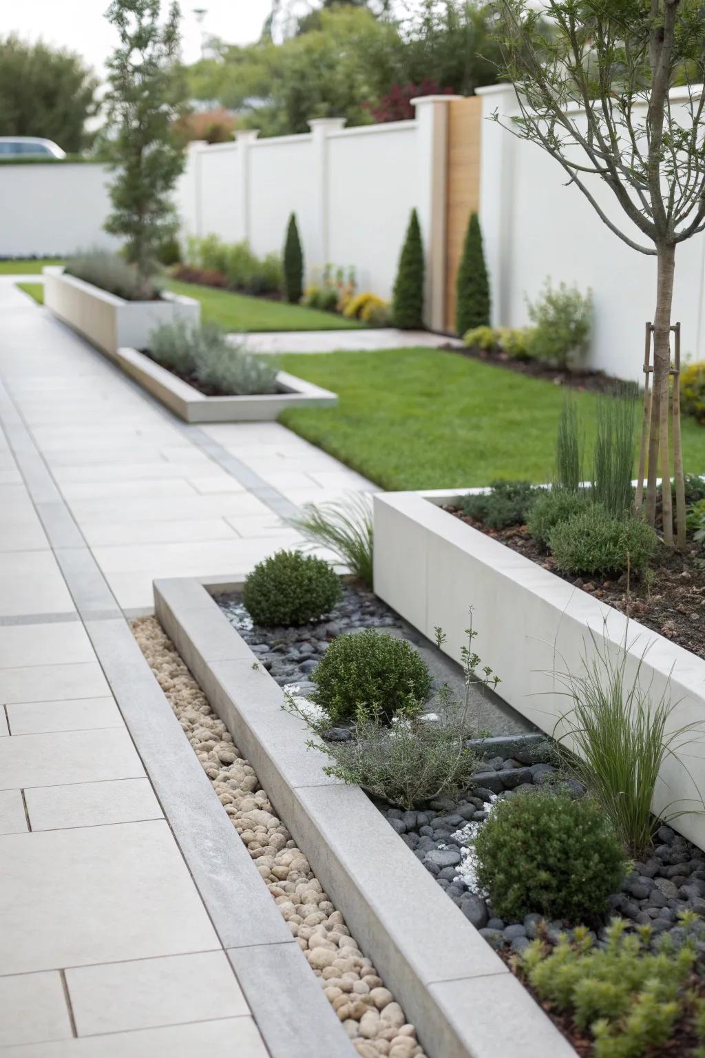 A modern minimalist garden with a French drain.